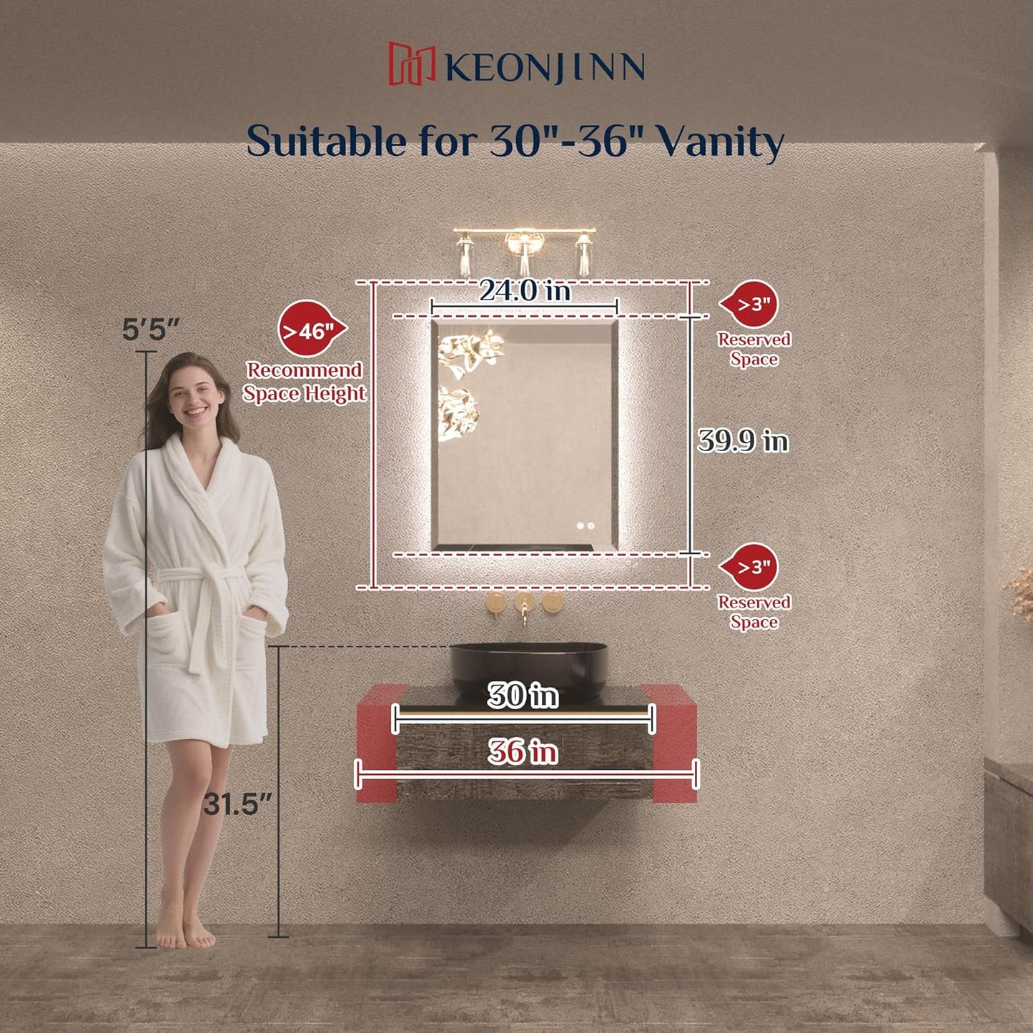 Keonjinn LED Mirror for Bathroom 24 x 30 Inch, Beveled Edge Bathroom Backlit Mirror, UL-Listed, Safe Tempered Glass, 3 Color Lights, Dimmable, Defogging, Frameless Lighted Vanity Mirrors for Wall