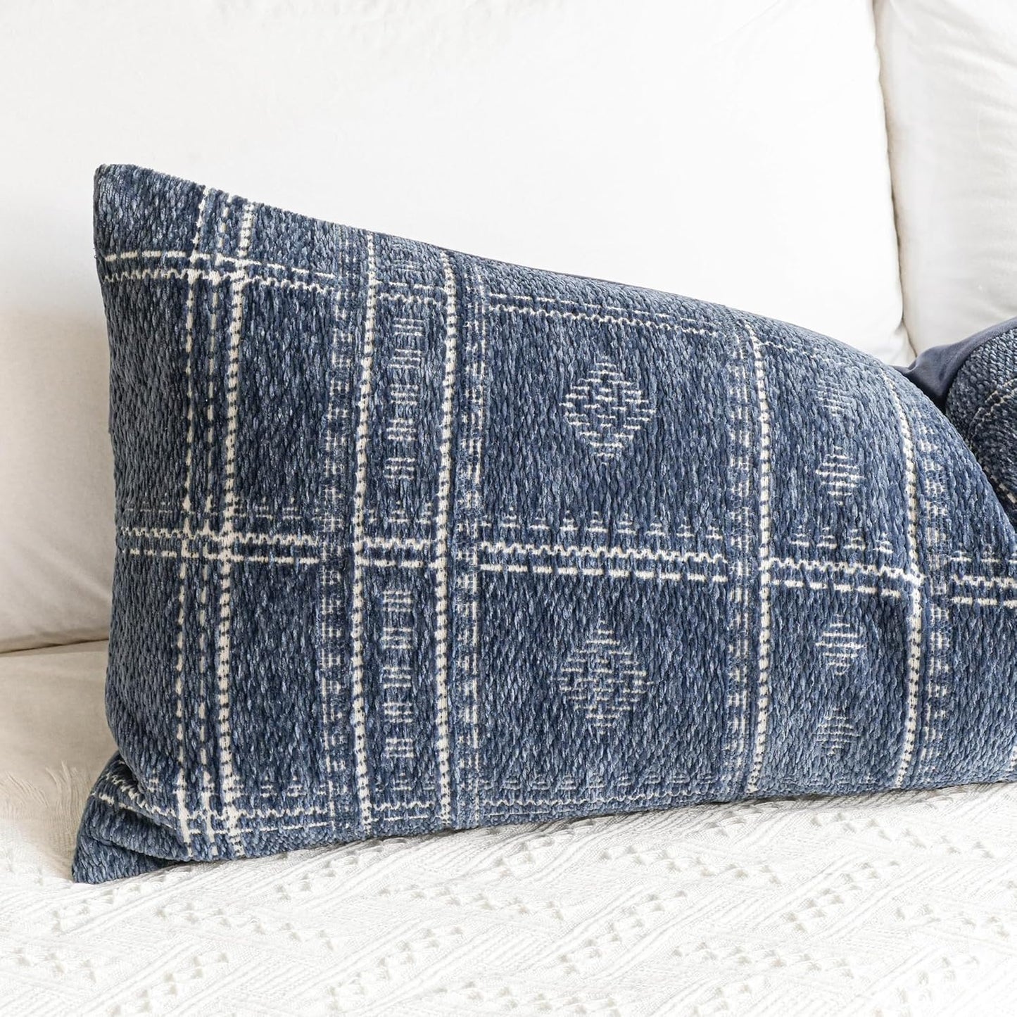 BlissBlush Dark Blue Boho Lumbar Throw Pillow Cover 14X36, Decorative Long Accent Body Pillow for Bed, Farmhouse Woven Textured Pillowcase for Couch (Cover ONLY)