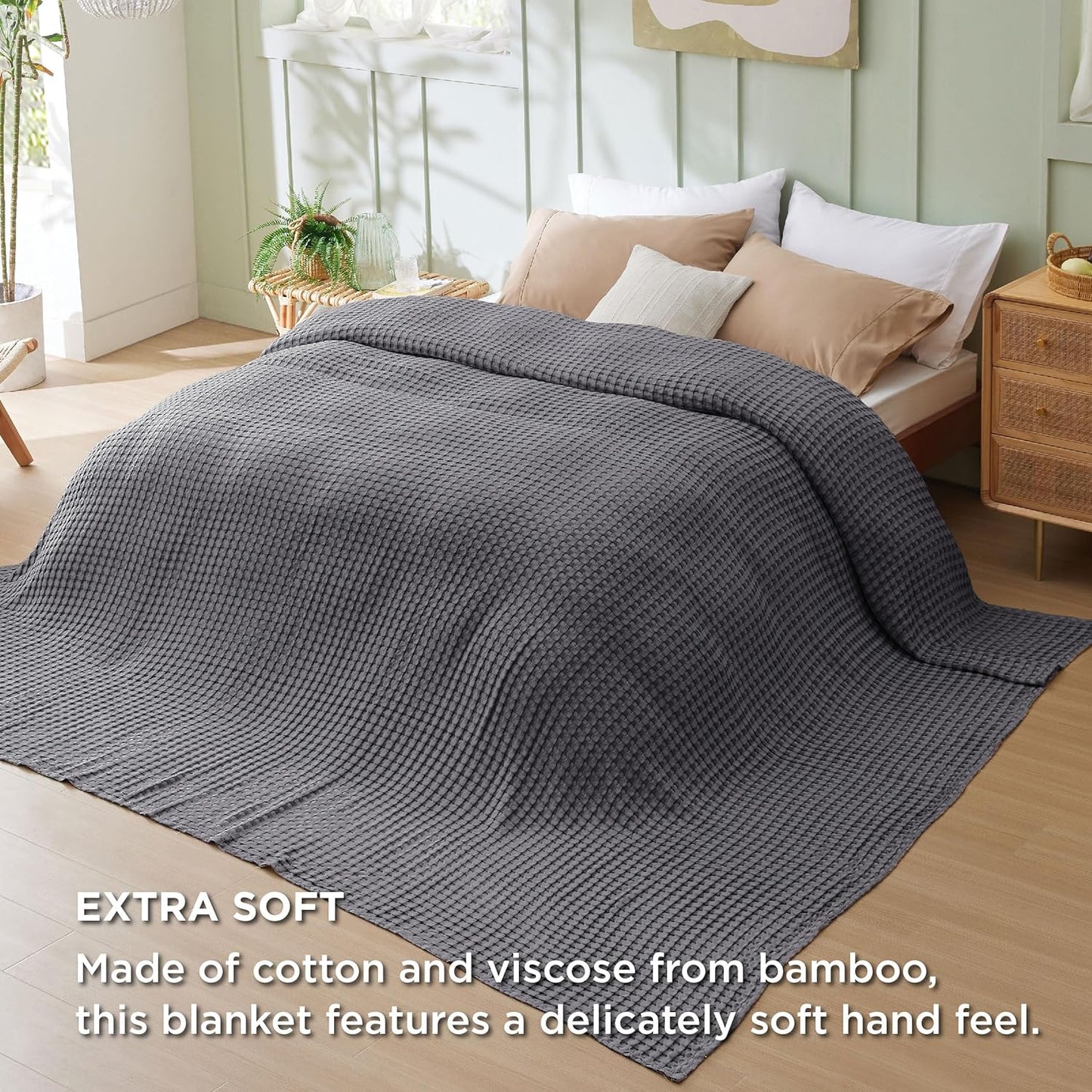 Bedsure Cooling Cotton Waffle Oversized King Blanket - Lightweight Breathable Blankets Rayon Derived from Bamboo for Hot Sleepers, Luxury Throws for Bed and Sofa Dark Grey, 120x96 Inches