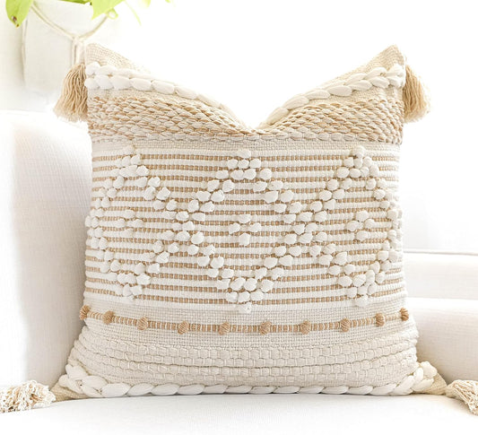 BlissBlush Cream White Boho Throw Pillow Cover 20X20, Boho Woven Textured Pillow Cover, Neutral Pillow Cover, Sofa Couch Bed Farmhouse Lumbar Pillow (Cover ONLY)