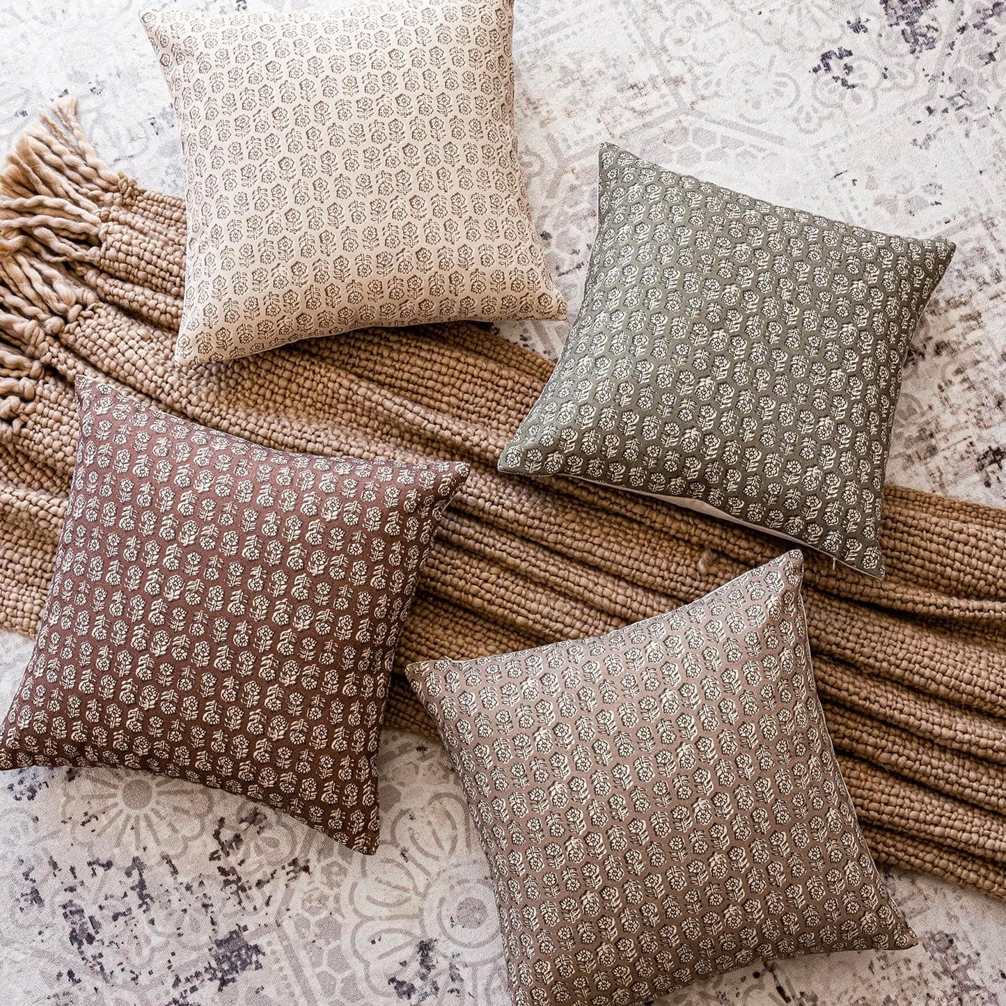 Foindtower Set of 2 Decorative Vintage Floral Print Throw Pillow Covers Neutral Modern Farmhouse Cushion Covers Boho Home Decor for Sofa Couch Chair Bedroom Living Room,24×24 Inch,Wine Red