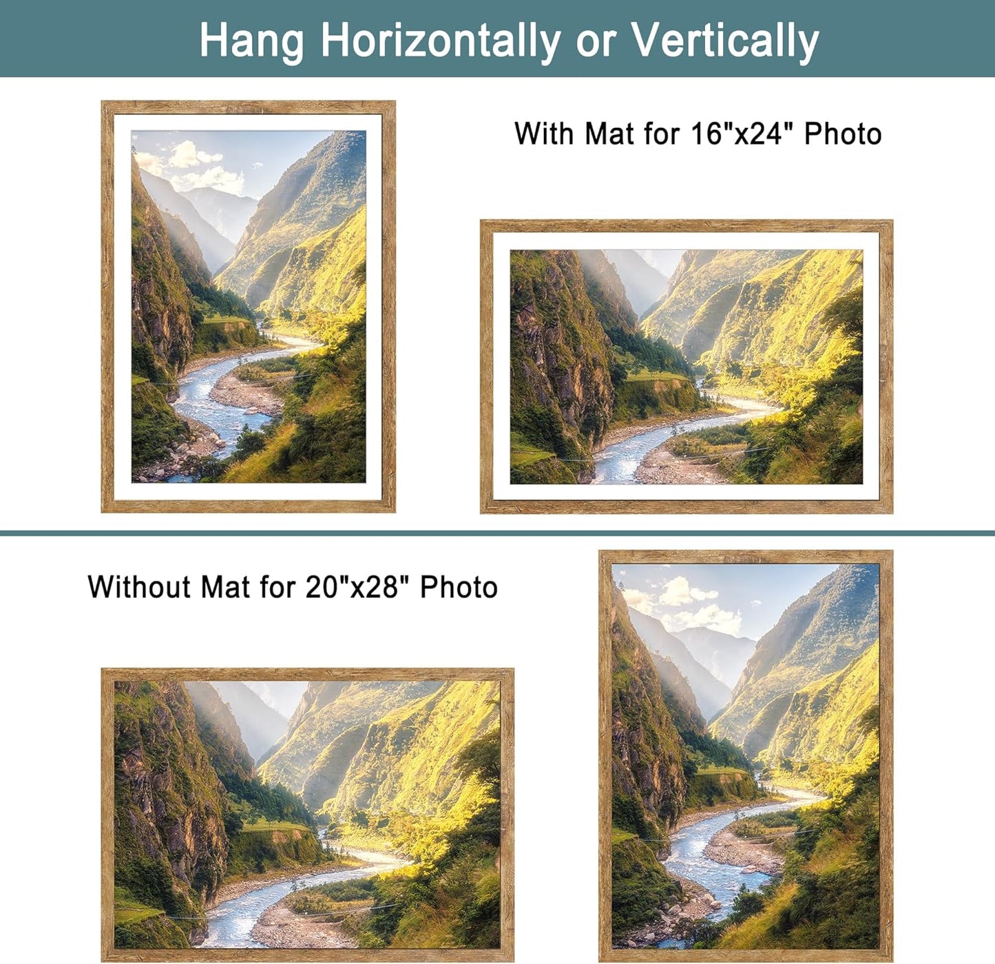 iRahmen 20x28 Poster Frame Set of 2 with Plexiglass, Wood Brown Rustic Picture Frames for Wall Mounting Display 16x24 Picture with Mat or 20 x 28 Without Mat