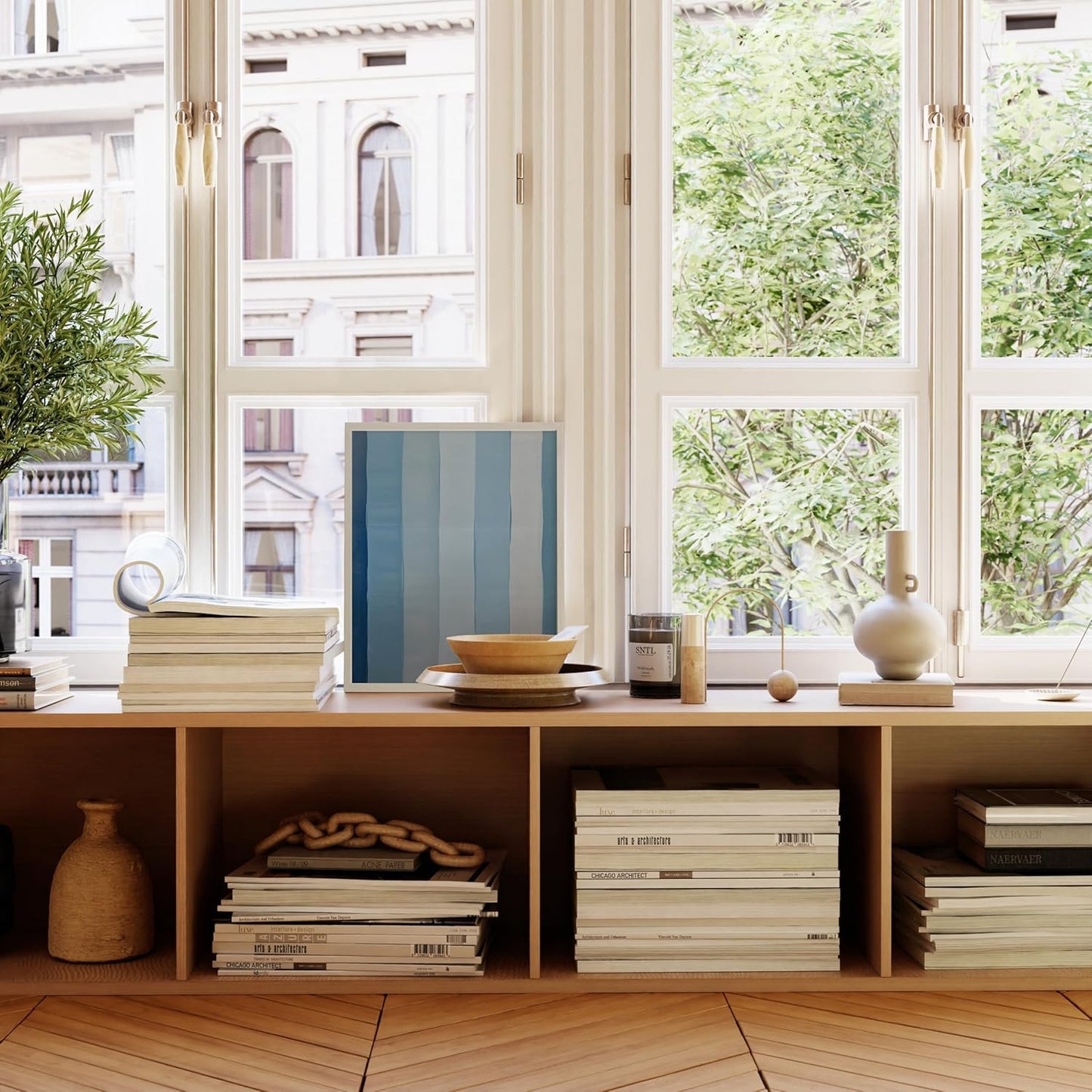 HAUS AND HUES Modern Abstract Wall Art - Blue and Green Living Room Art, Modern Artwork for Walls, Minimalist Picture for Living Room(Painted Stripes, White Frame, 16x20)