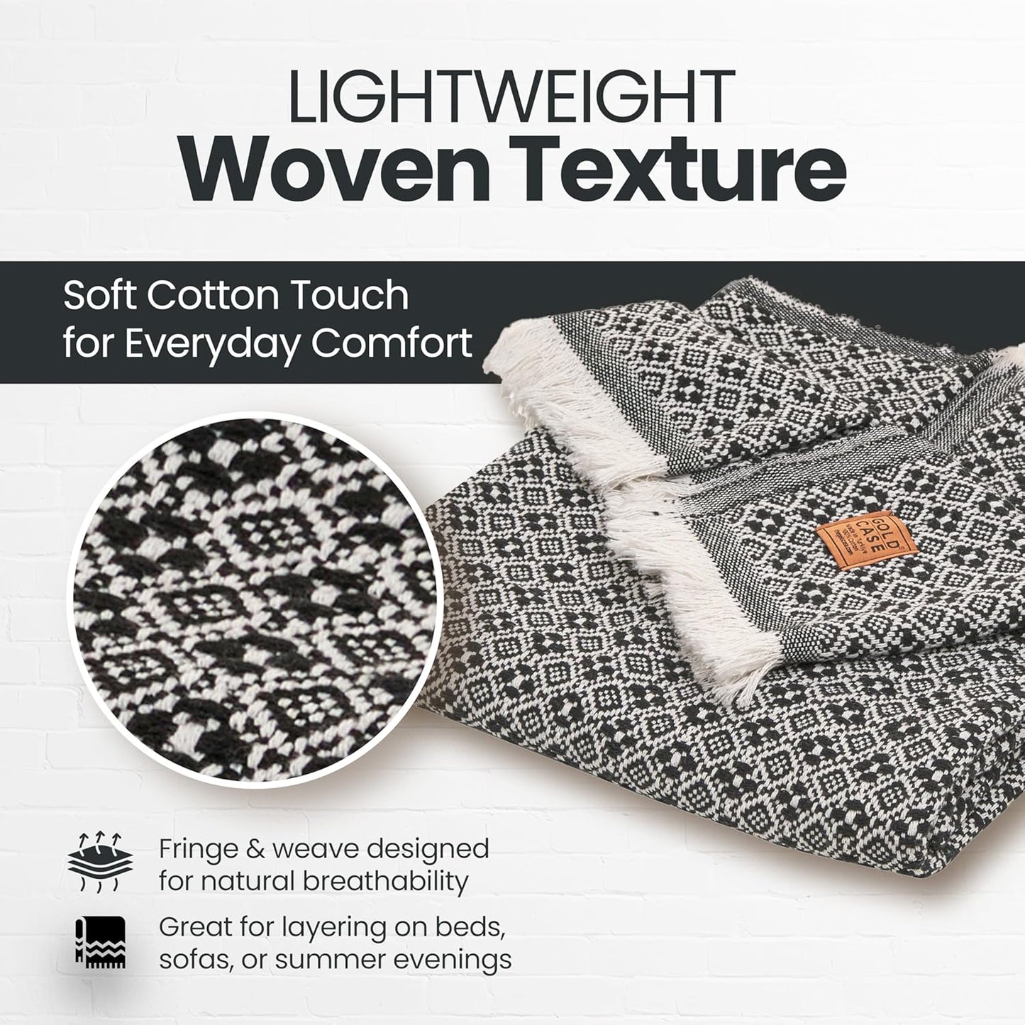 Gold Case Throw Blanket for Couch - 100% Recycled Turkish Cotton Blankets & Throws - Retro Soft Throw Blankets for Living Room - Boho Decorative Woven Couch Blanket - 50x60 - Black