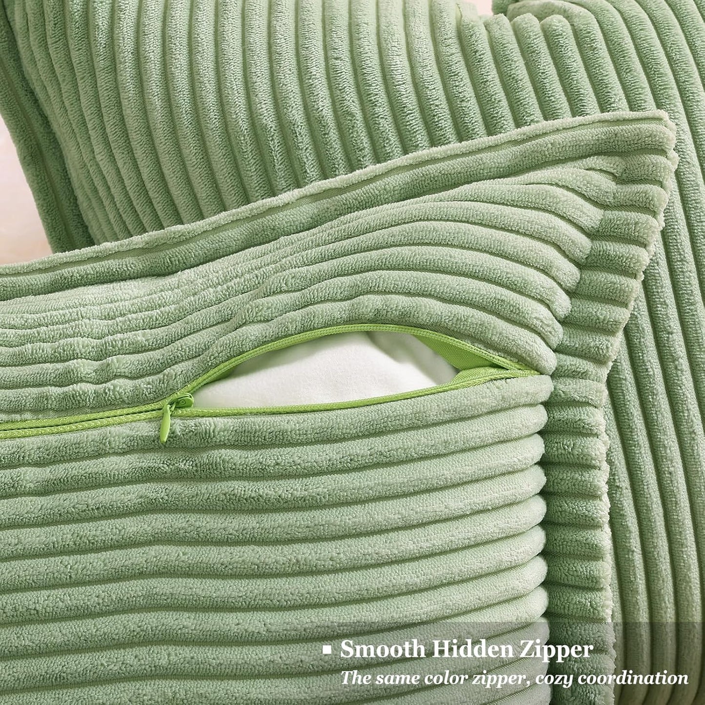 decorUhome Corduroy Sage Green Throw Pillow Covers 24x24 Set of 2 Decorative Soft Boho Farmhouse Euro Couch Pillow Covers for Living Room Bed Sofa Broadside Striped Pillow Cases