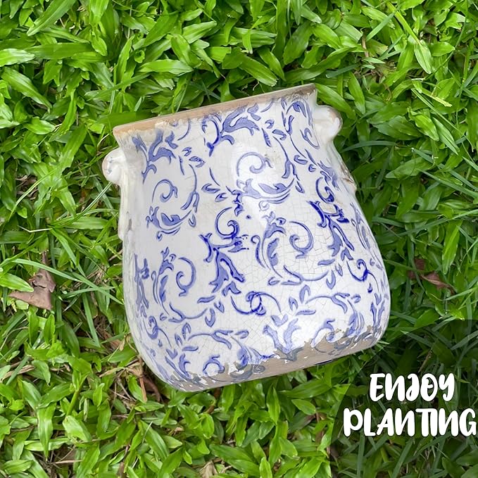 Vintage Blue Ceramic Ice Crack Glaze Flower Pot with Drainage Holes and With Handle, Country Rustic Planters for Indoor and Outdoor,Tuscan Decor,Home,Living Room, Garden Decor, Gardening Gift (Blue)