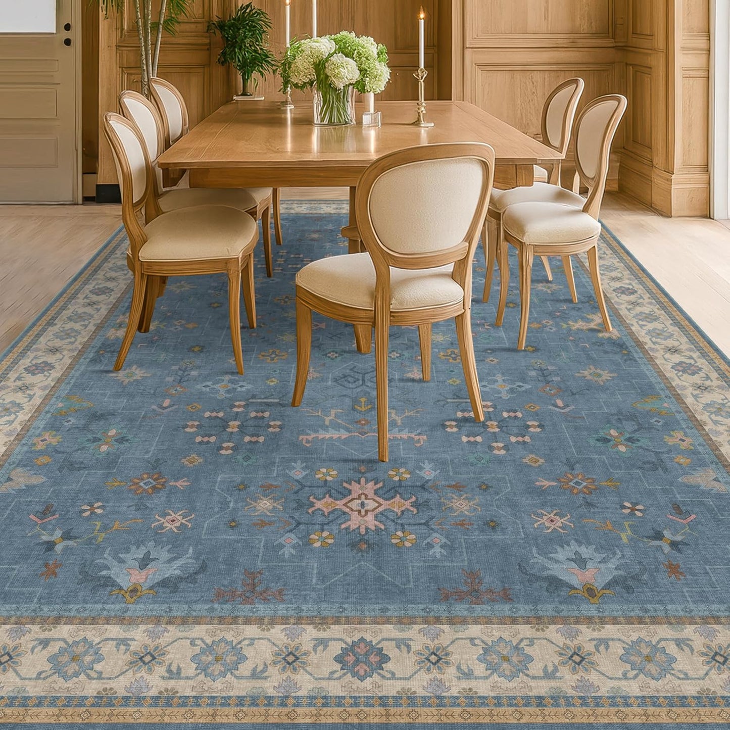 Blue Big Rugs for Living Room - Dusty Blue 10x12 Area Rug for Large Bedroom, Dining Room, Washable Lightweight Foldable Floral Modern Home Décor
