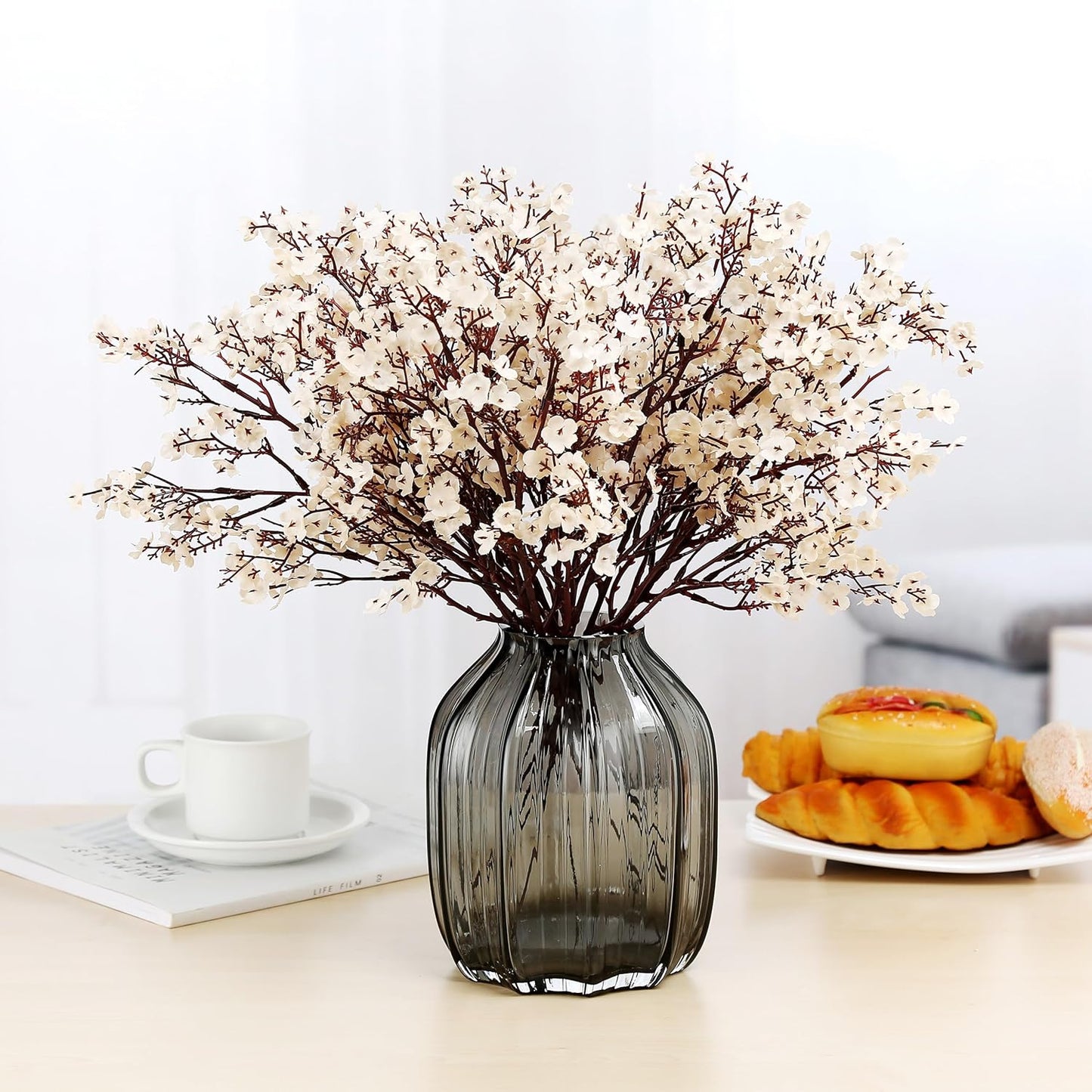 JAKY-Global Babys Breath Fabric Cloth Artificial Flowers 6 Bundle European Fake Silk Plants Decor Wedding Party Decoration Bouquets Real Touch DIY Home Garden (Beige, 6 Bundles)