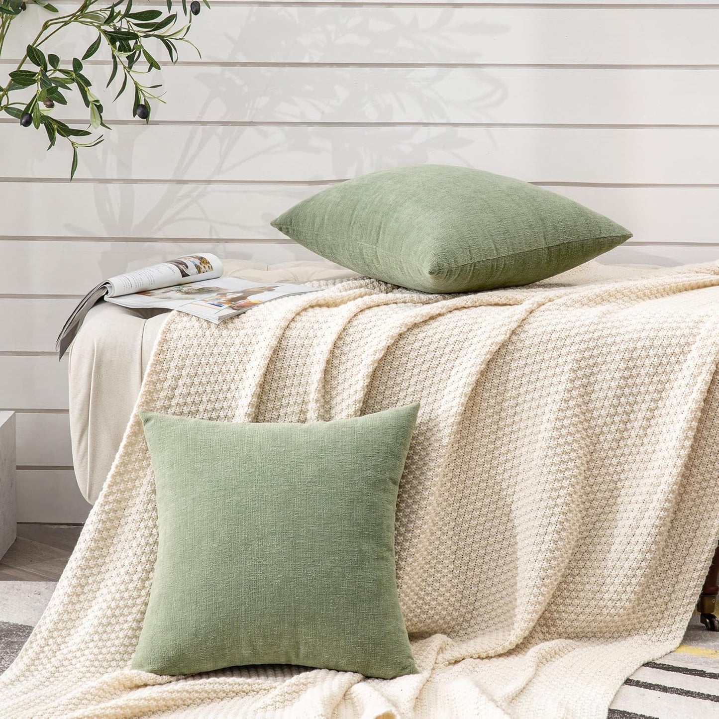 GAWAMAY Decorative Chenille Throw Pillow Covers 24x24 Inch Pack of 2, Soft Square Couch Pillow Cover for Sofa Cushion Living Room Bedroom Solid Dyed Pillowcases Sage Green 60x60cm (ONLY Covers)