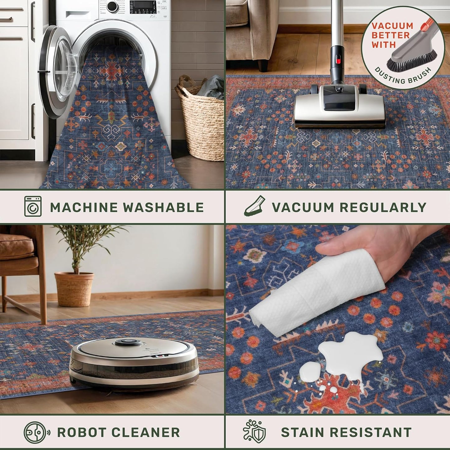 Dark Blue & Terracotta 5x8 Living Room Rug - Machine Washable Area Rugs for Bedroom, Dining Room, Kitchen Floor, Small Office, Low Pile Non-Slip Rubber Backing & Stain Resistance