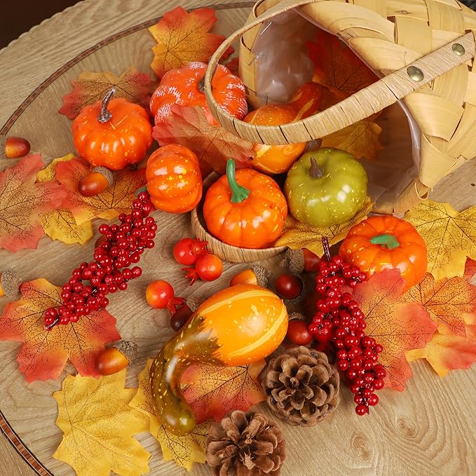 winemana 57pcs Fall Decorations for Home - Small Pumpkins for Decorating with Fake Leaves, Gourds & Pinecones -Thanksgiving Decor for Table Centerpiece Indoor Room Autumn Harvest Decor