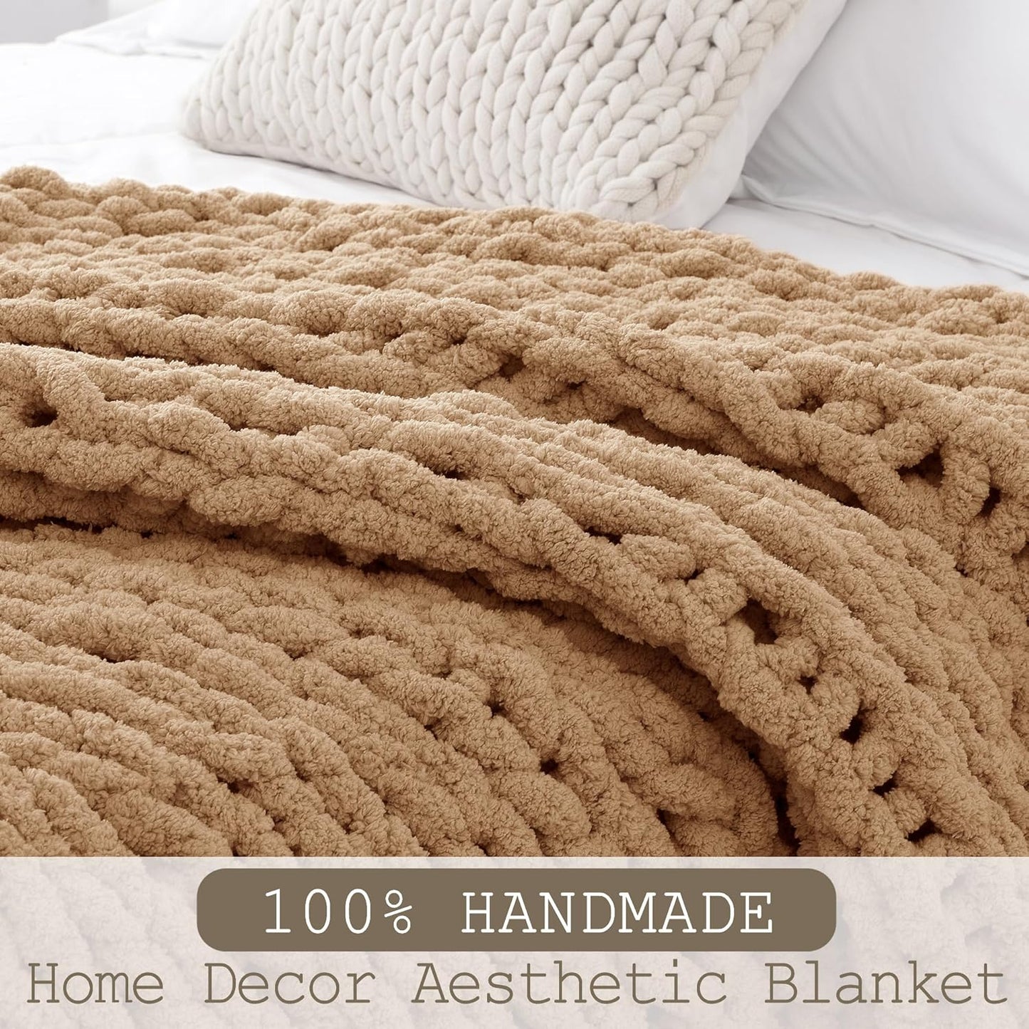 Chunky Knit Throw Blanket 60"X 80", 100% Handmade with Soft Chenille Yarn, 6.7lbs Thick Cable Knitted Blankets, Large Rope Knot Crochet Throws for Couch Sofa Bed Home Decor, Tan Brown