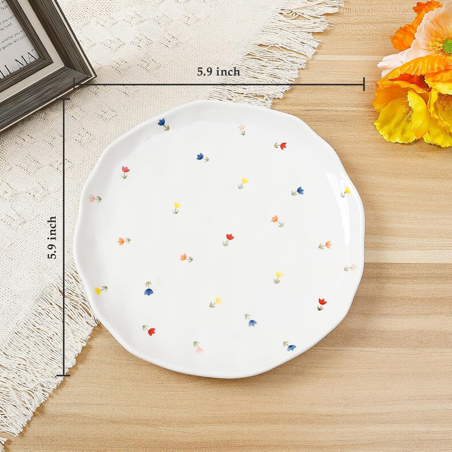 Koythin Ceramic Dessert Plates, Cute Fruits Dinner Plate, Creative Plates Design, Printed Flowers Dinnerware for Office and Home, Kitchen Plates for Desserts (Tulip Small Floral)