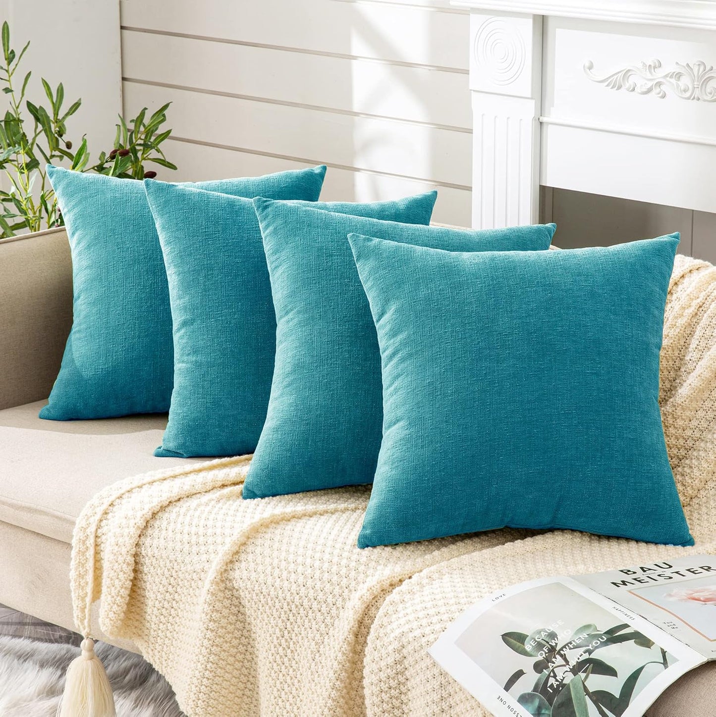 GAWAMAY Decorative Square Throw Pillow Covers 18x18 Inch Set of 4, Super Soft Chenille Pillows Cover Fall Pillowcase for Living Room Bedroom Sofa Couch Cushion Cover Teal 45x45cm (No Insert)
