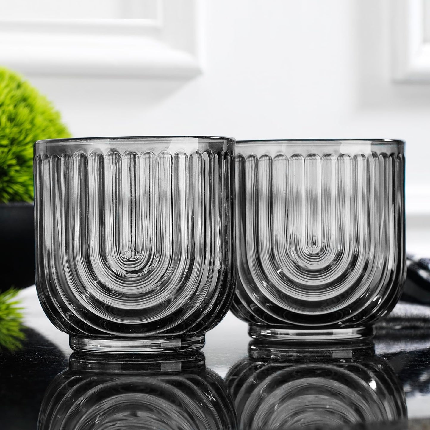Glaver's Vintage Glassware Art Deco Glasse Ribbed Drinking Glasses U-Shape Arch Design Colored Cocktail Kitchen Tumblers Everyday Dinner Decorative Party, (Smoke S/4 11oz)