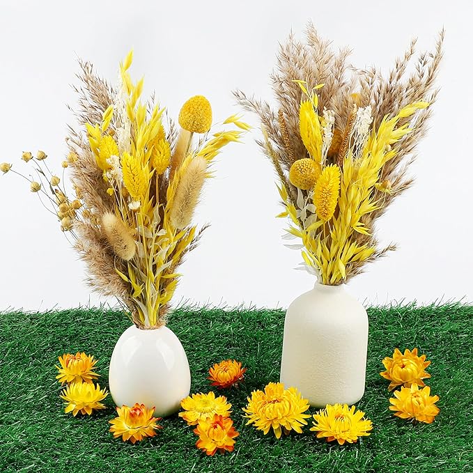120 Pcs Fall DIY Natural Dried Flowers Set Crafts Mini Dried Florals with Stems Bouquets for Vase Floral Arrangement Handcraft Door Hanging Wreath Table Centrepieces Thanksgiving Decor(Yellow)