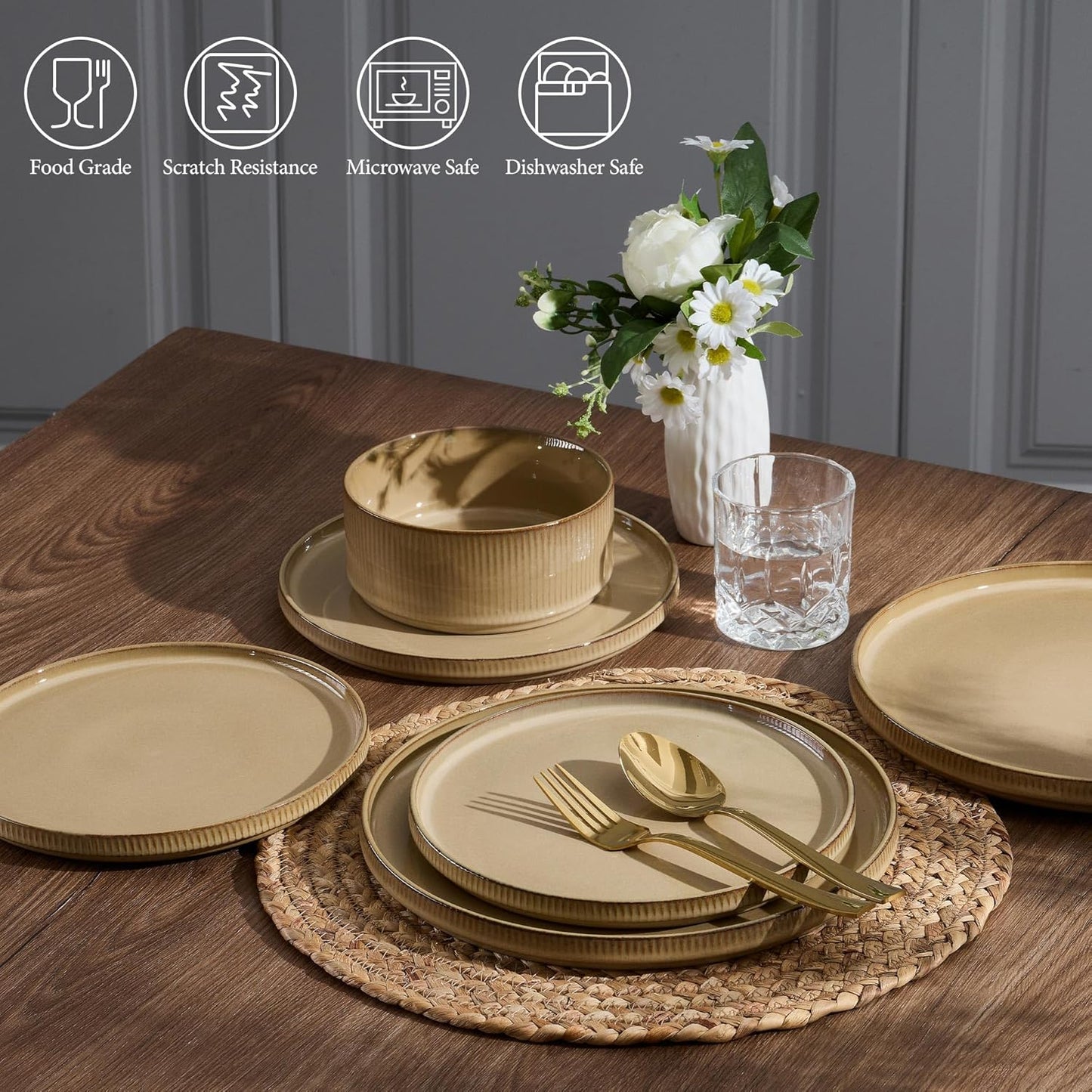 E-far Stoneware Dinnerware Sets, 18-Pieces Modern Plates and Bowls Sets, Kitchen Dinning Porcelain Dishes Set for 6, Chip & Scratch Resistant, Dishwasher & Microwave Safe, Caramel Khaki