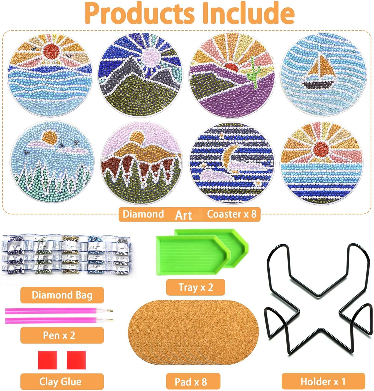 Diamond Art Coasters Kit with Holder, 8 Pcs Diamond Art Coasters for Adults Kids Beginners Crafts Gifts (Sun-Moon)