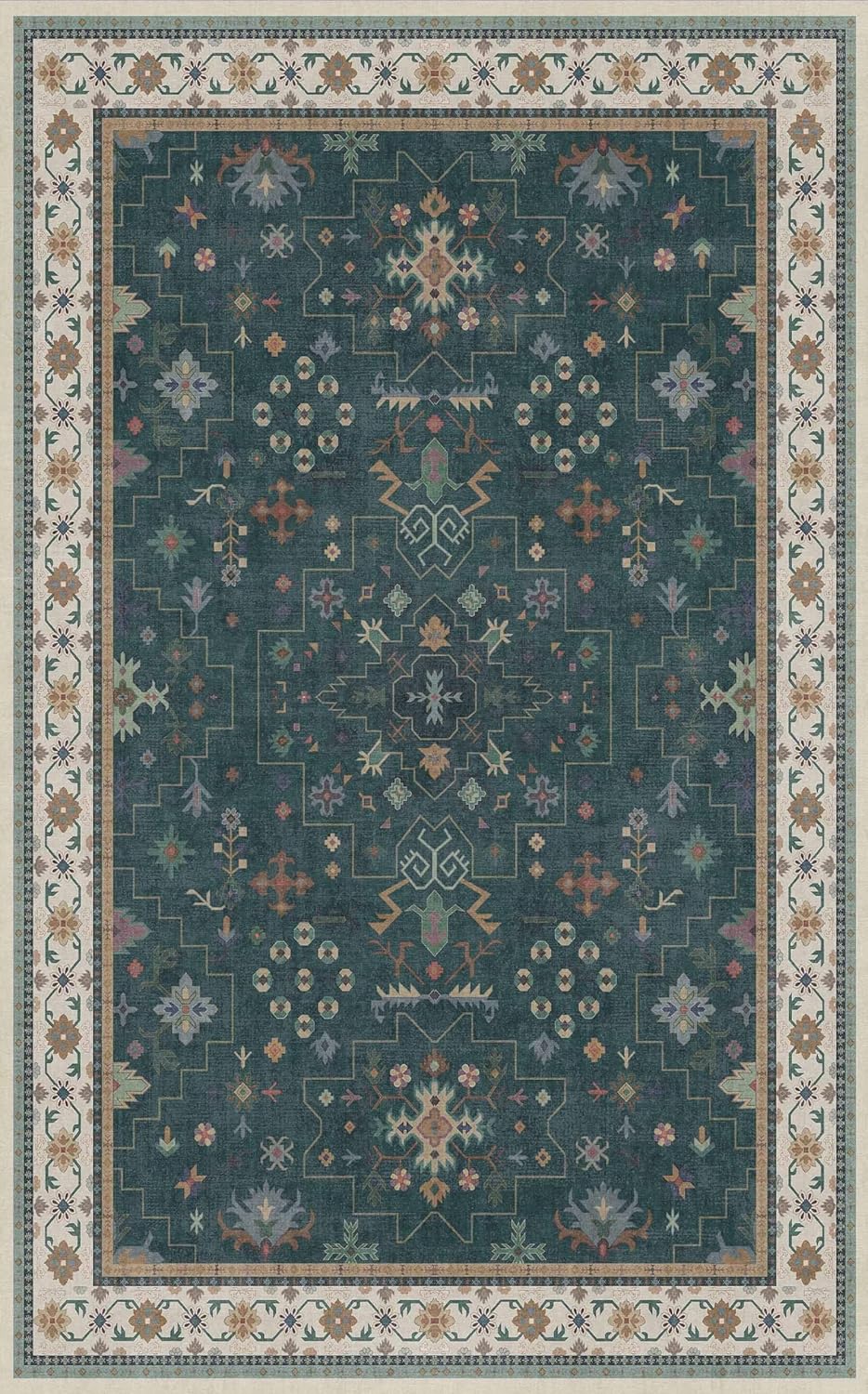 Dark Green Oushak 5x8 Living Room Rug - Modern Vintage Boho Eclectic Floral Pastel, Washable Low Pile Non-Slip Large Area Rugs for Nursery Dining Under Table Bedroom Lounge