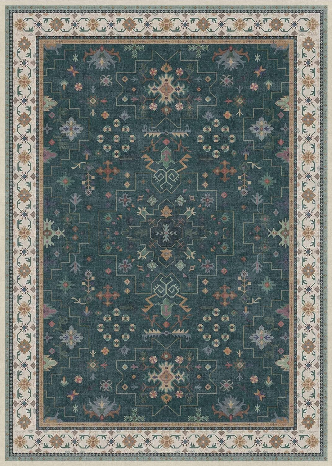 Dark Green Oushak 5x7 Living Room Rug - Modern Vintage Boho Eclectic Floral Pastel, Washable Low Pile Non-Slip Large Area Rugs for Nursery Dining Under Table Bedroom Lounge