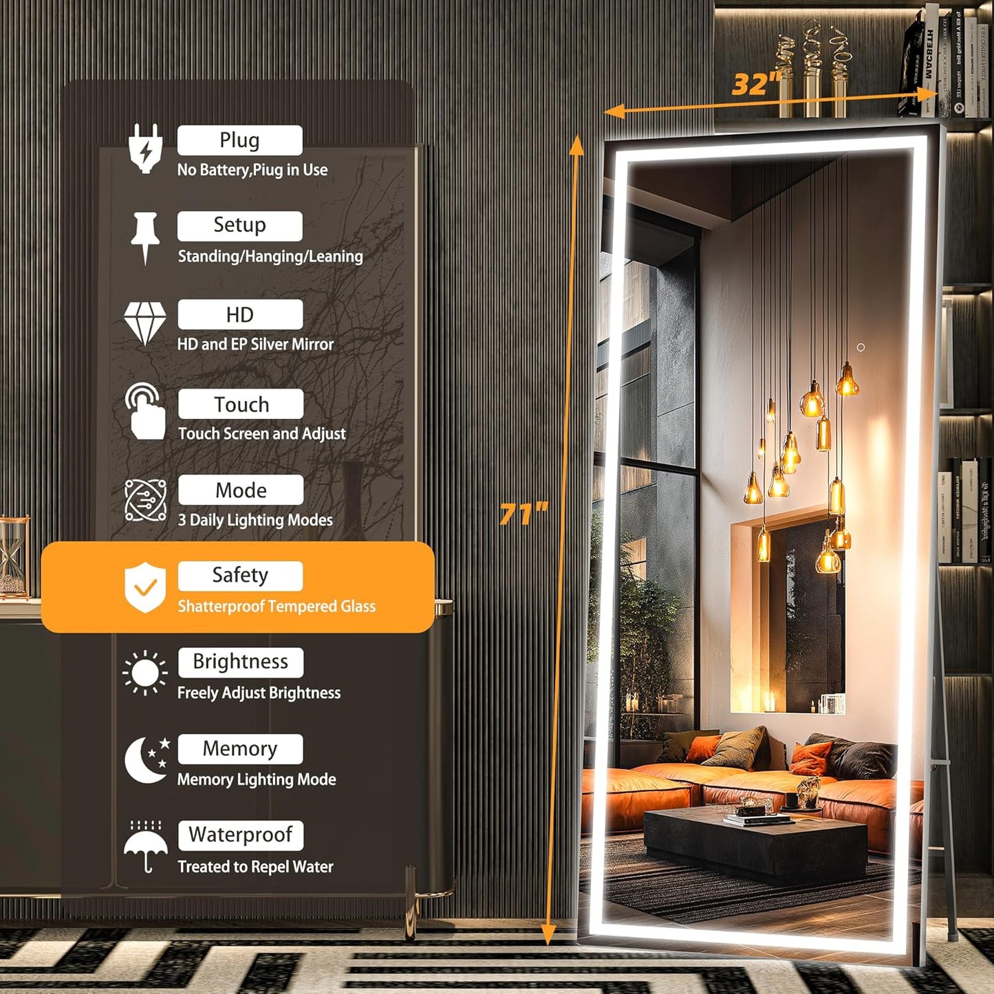 Hasipu Full Length Mirror with Lights, 71" x 32" LED Lighted Floor Standing, Full Body Dressing Hanging Mounted Mirror, Dimmable, Tempered Glass, Safe to Use, Square Black