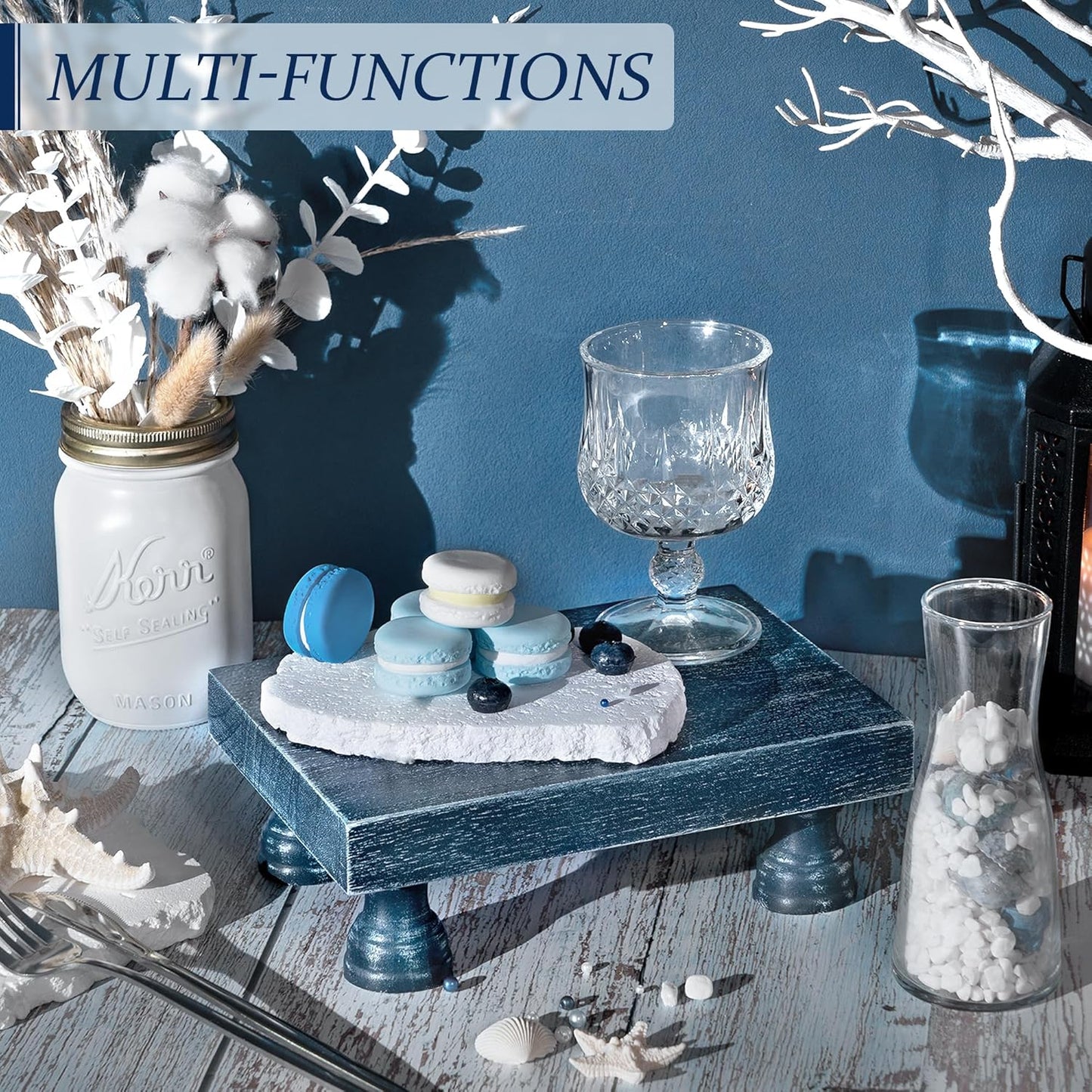 Decorative Display Risers for Home Decor - Wood Pedestal Stand for Kitchen Decor and Countertop Organizer - Ideal for Apartment Essentials (Blue)