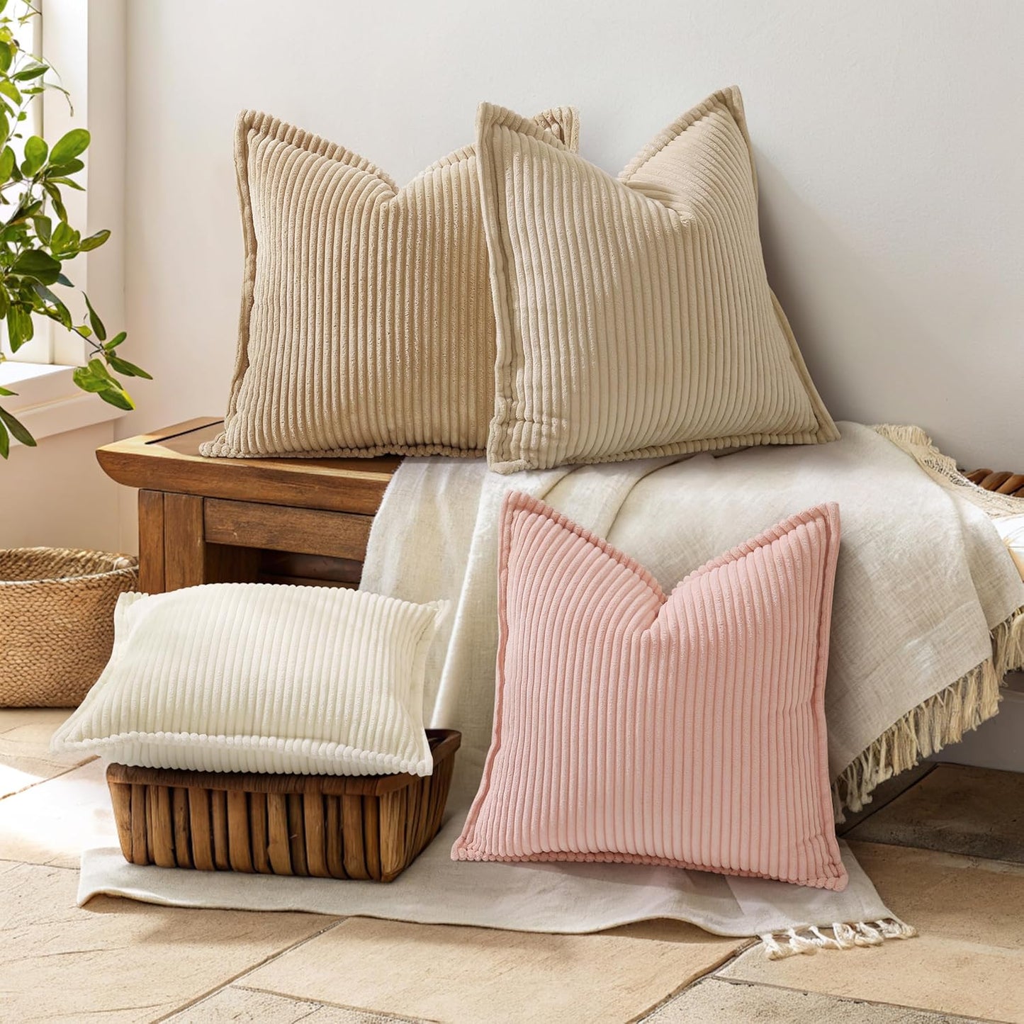 decorUhome Corduroy Light Brown Throw Pillow Covers 26x26 Set of 2 Decorative Soft Boho Farmhouse Euro Couch Pillow Covers for Living Room Bed Sofa Broadside Striped Pillow Cases