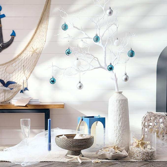 Valery Madelyn 1.57 Inches Small Christmas Tree Decorations Ornament Set for Fall Halloween, 24ct Light Blue and Silver Shatterproof Hanging Ball Ornaments Holiday Party Decor