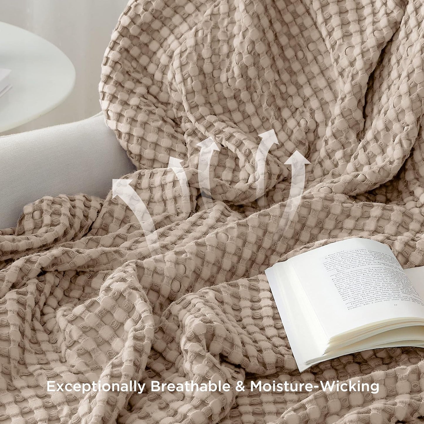 Bedsure Cooling Cotton Waffle Queen Size Blanket -Lightweight Breathable Fall Blanket of Rayon Derived from Bamboo for Hot Sleepers, Luxury Throws for Bed, Couch and Sofa, Taupe, 90x90 Inches