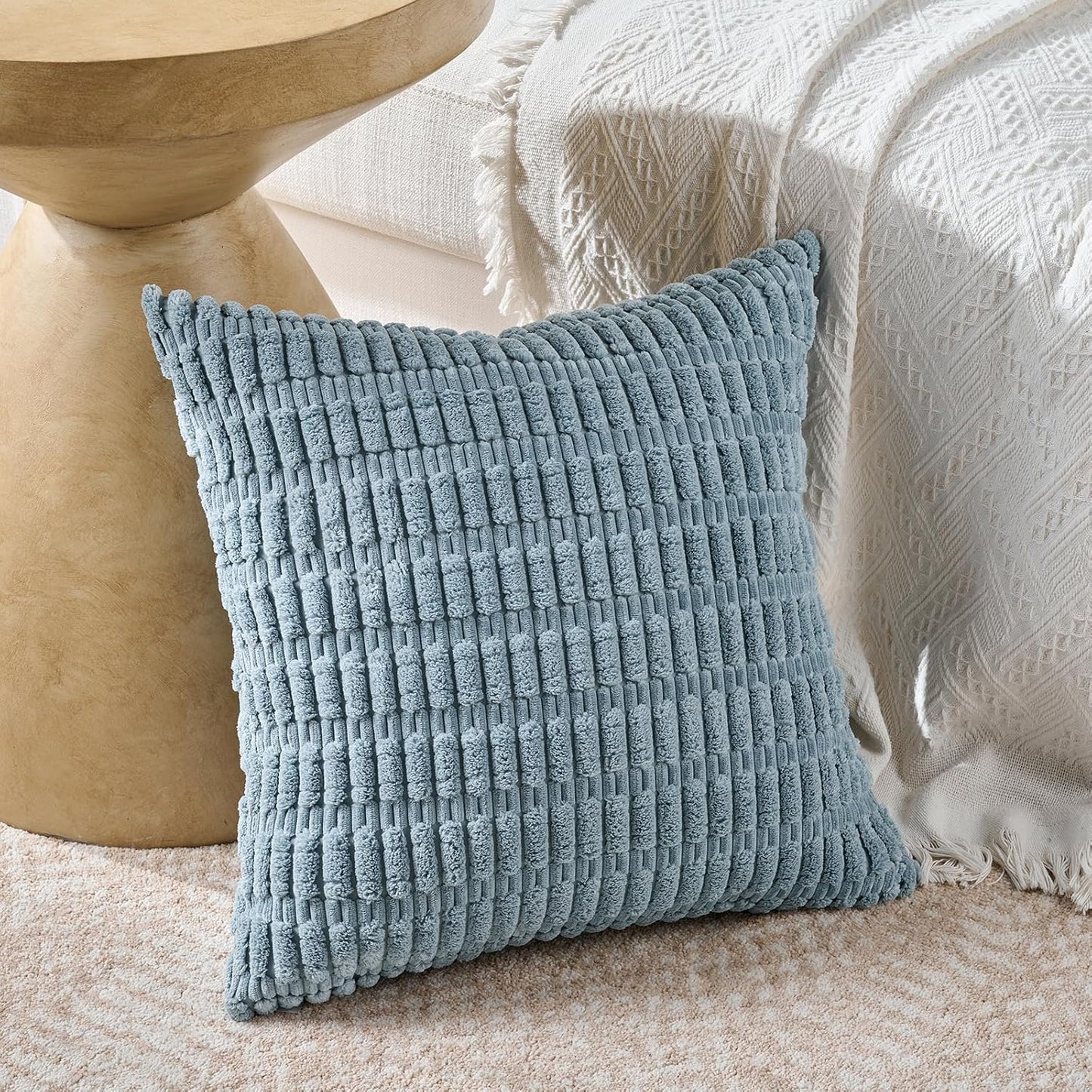 Fancy Homi Set of 4 Blue Boho Decorative Throw Pillow Covers 24x24 Inch for Couch Bed Sofa, Aesthetic Modern Bohemian Room Decor, Soft Fuzzy Fluffy Cozy Corduroy Coastal Blue Cushion Case 60x60cm