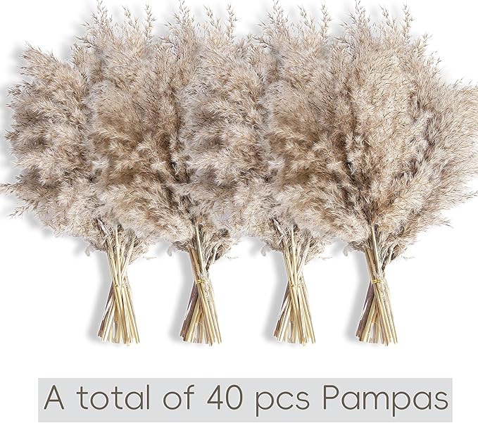40 PCS Nature Pampas Grass Bouquet Decor - Boho Flowers and Feathers for Centerpieces, Perfect for Floor Vase Fillers, Home Decor, Living Room, and Wedding Decor