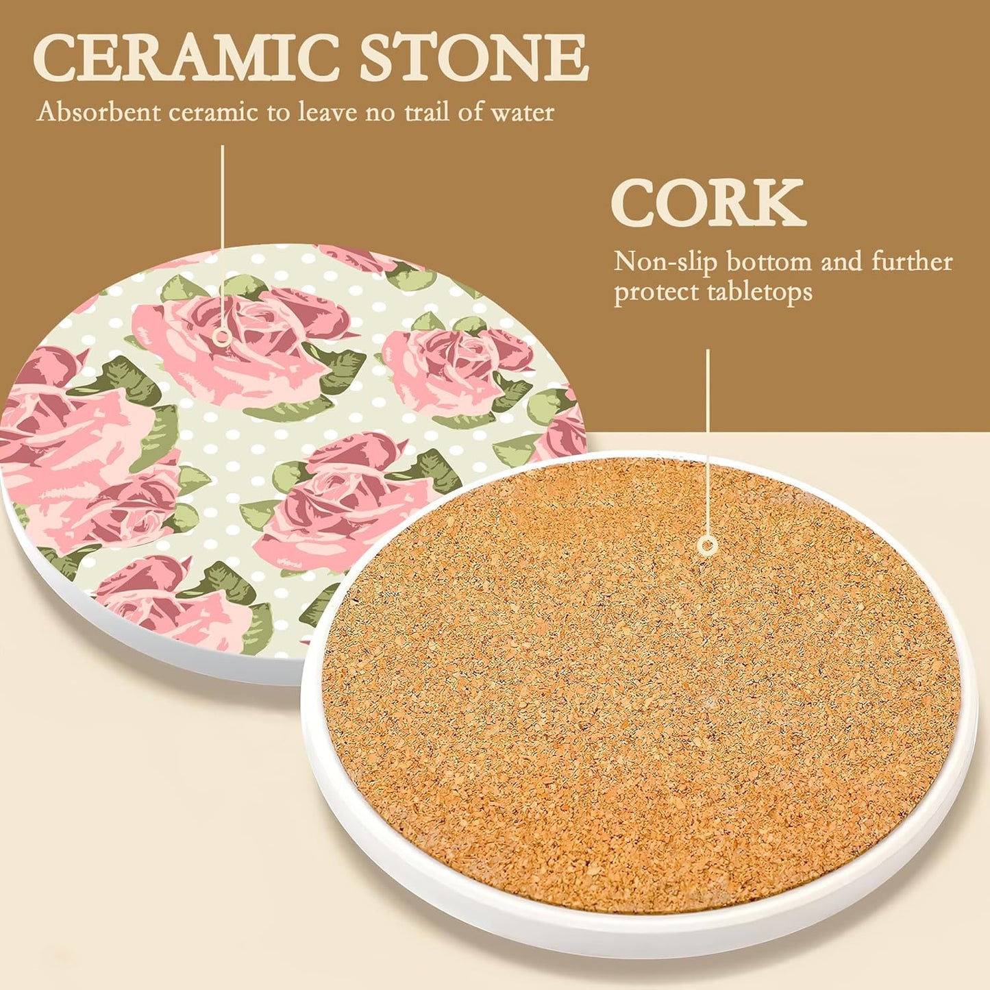 Drink Coasters,6 Pcs Shabby Chic Flower Coffee Cup Mat with Storage Holder, Durable Ceramic Coaster Set for Hot & Cold Beverages