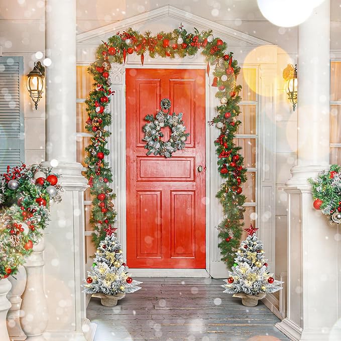 2ft Pre-Lit Artificial Mini Christmas Tree,24 Inch Snowy Flocked Small Tabletop Christmas Tree with LED Light,White Xmas Pine Tree for Home Desk Indoor Decor, Perfect with Burlap Base