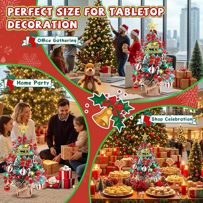 2FT Tabletop Mini Christmas Tree with Colorful LED Lights,DIY Ornaments,24 Inch Small Artificial Pine Tree with Star Topper, Battery Operated Desktop Xmas Tree for Home Office Holiday Decorations Gift