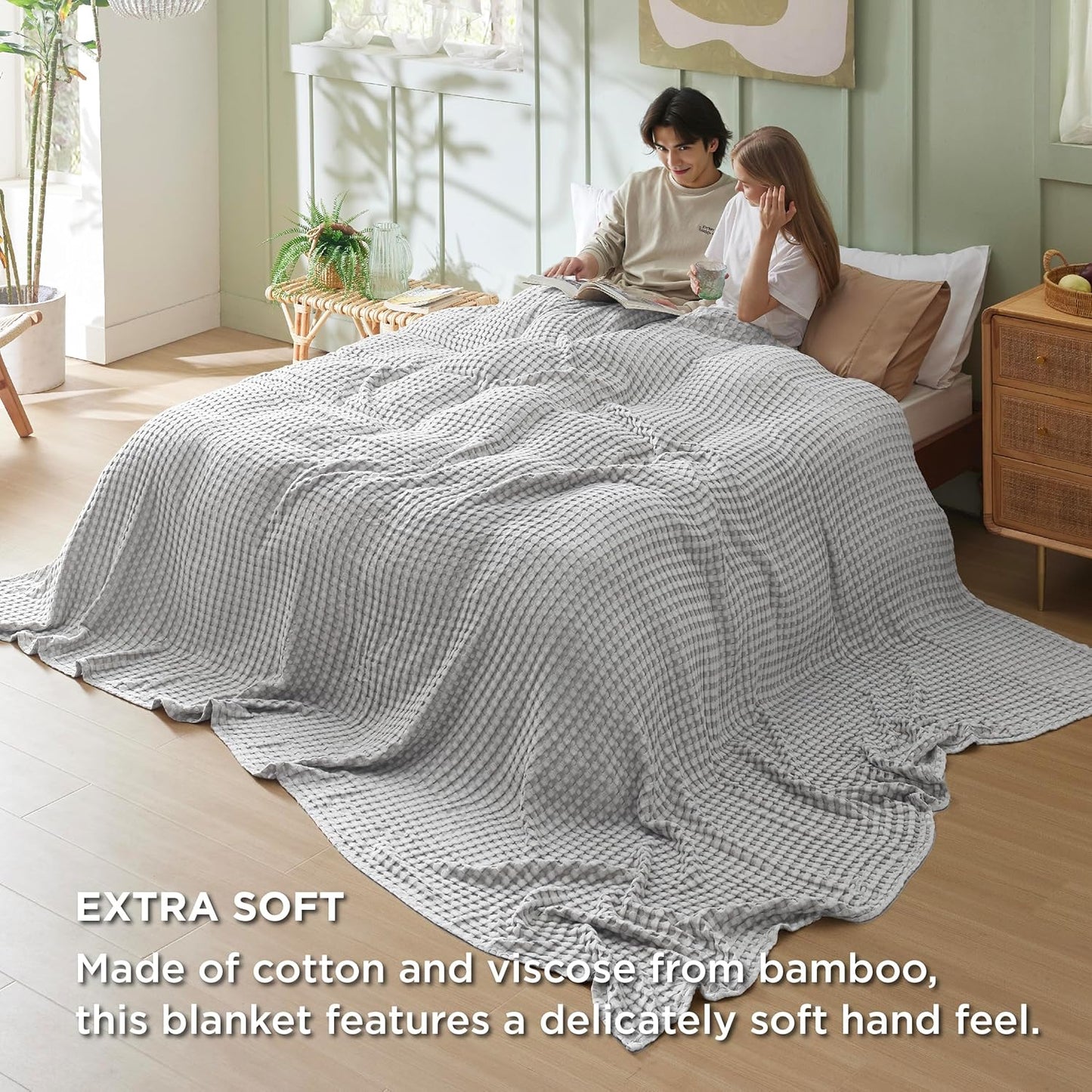 Bedsure Cooling Cotton Waffle Oversized King Blanket - Lightweight Breathable Blankets Rayon Derived from Bamboo for Hot Sleepers, Luxury Throws for Bed and Sofa, Grey, 120x96 Inches