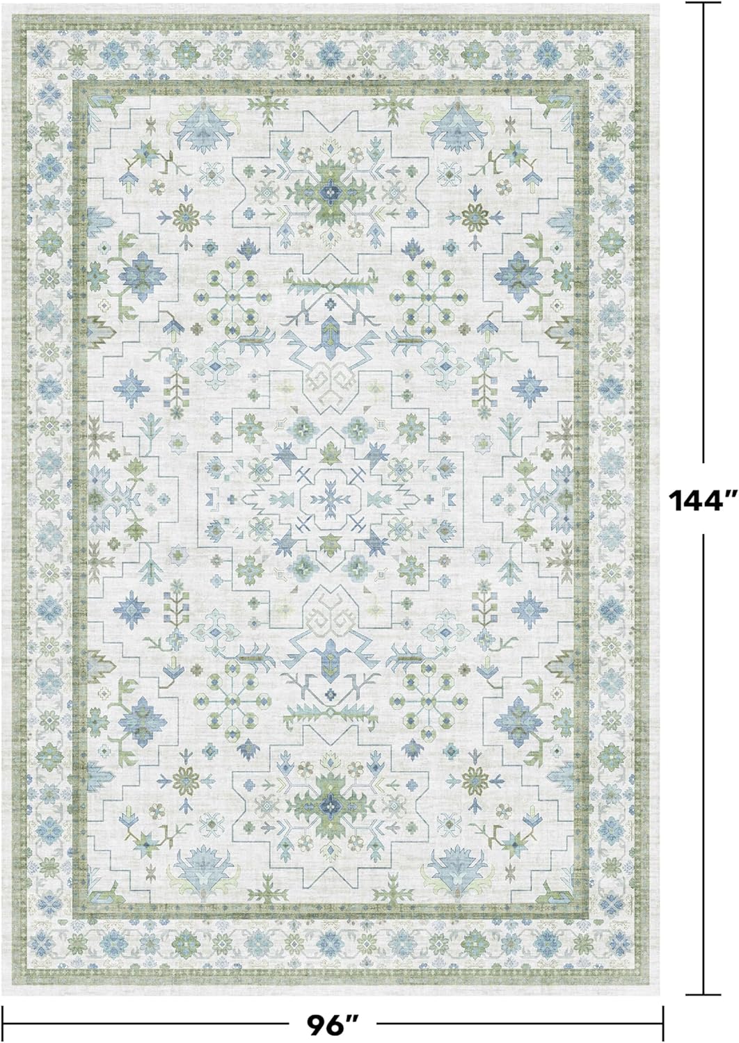 Cream Green Large 8x12 Area Rug for Living Room - Washable Non Skid Geometric Floral Carpet for Dining Room, Playroom, Bedroom - Blue and Green Soft Floral Rug
