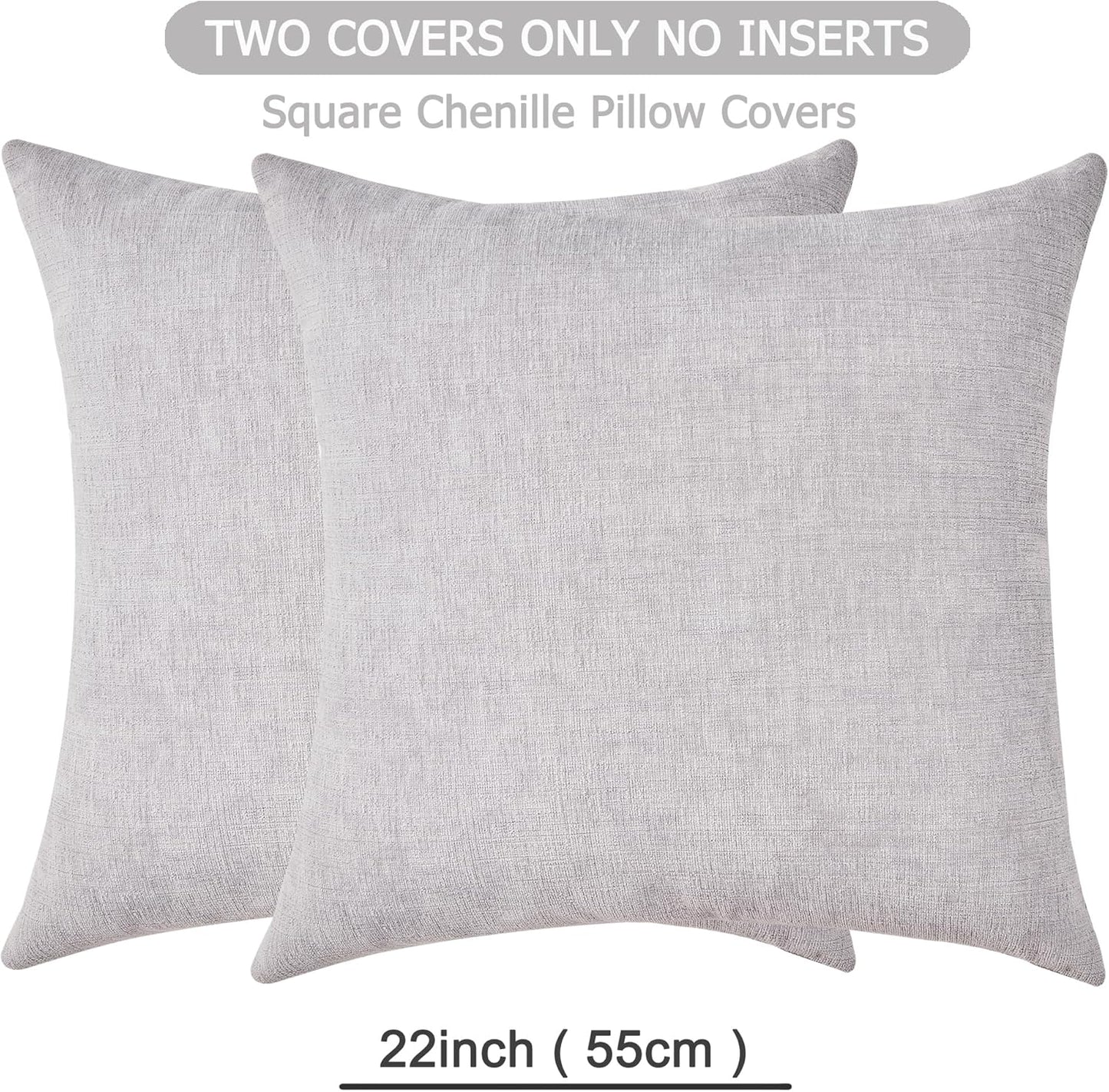 GAWAMAY Decorative Square Throw Pillow Covers 22"x22" Inch Set of 2, Super Soft Chenille Pillows Farmhouse Fall Pillowcase for Living Room Bedroom Sofa Couch Cushion Cover Light Grey 55x55cm