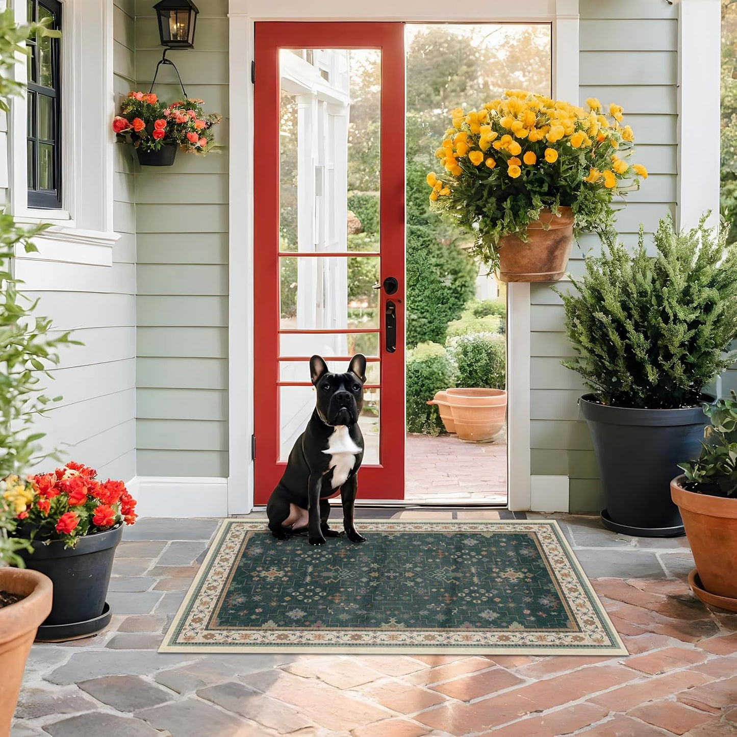 Dark Green Oushak 3x4 Large Entryway Rug - Modern Vintage Boho Floral, Washable Low Pile Non-Slip Area Rugs for Door Mat Indoor Entrance, Kitchen, Bedroom Beside Bed