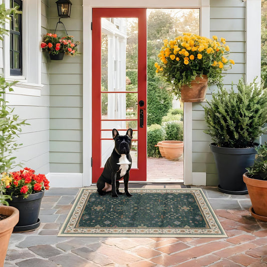 Dark Green Oushak 3x4 Large Entryway Rug - Modern Vintage Boho Floral, Washable Low Pile Non-Slip Area Rugs for Door Mat Indoor Entrance, Kitchen, Bedroom Beside Bed