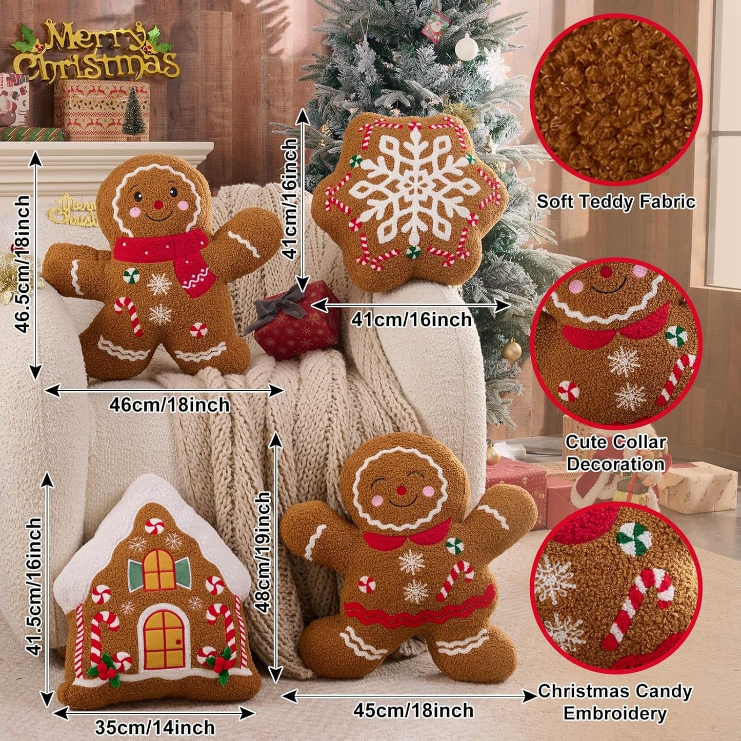 Lanpn Christmas Gingerbread Pillows Set of 4, Christmas Decoration Winter Throw Pillows Soft Fleece Sherpa Cute 3D Shaped Ginger Bread Throw Cushion for Sofa Living Room Bedroom Xmas Decor
