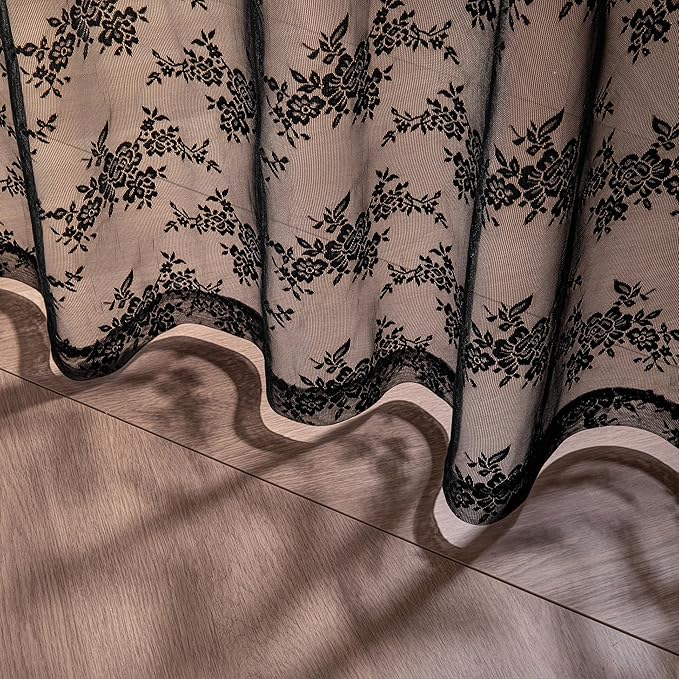 MEETSKY Lace Sheer Curtains 72 Inch Long Black Goth Victorian Vintage Spooky Halloween Holiday Party Decor for Living Room Bedroom Back Tab Rod Pocket Light Filtering Drapes, 50"W Each Panel, 2 Pieces