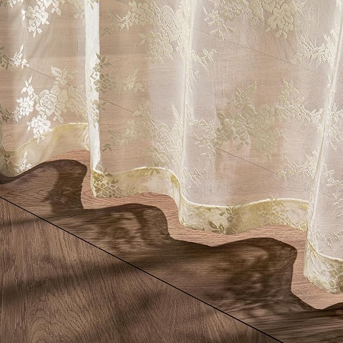 MEETSKY Lace Sheer Curtains 84 Inch Long 2 Panels Set Vintage French Victorian Spring Floral Pattern Design Light Filtering Back Tab Rod Pocket Drapes for Living Room, 50" W Each Panel, Light Yellow