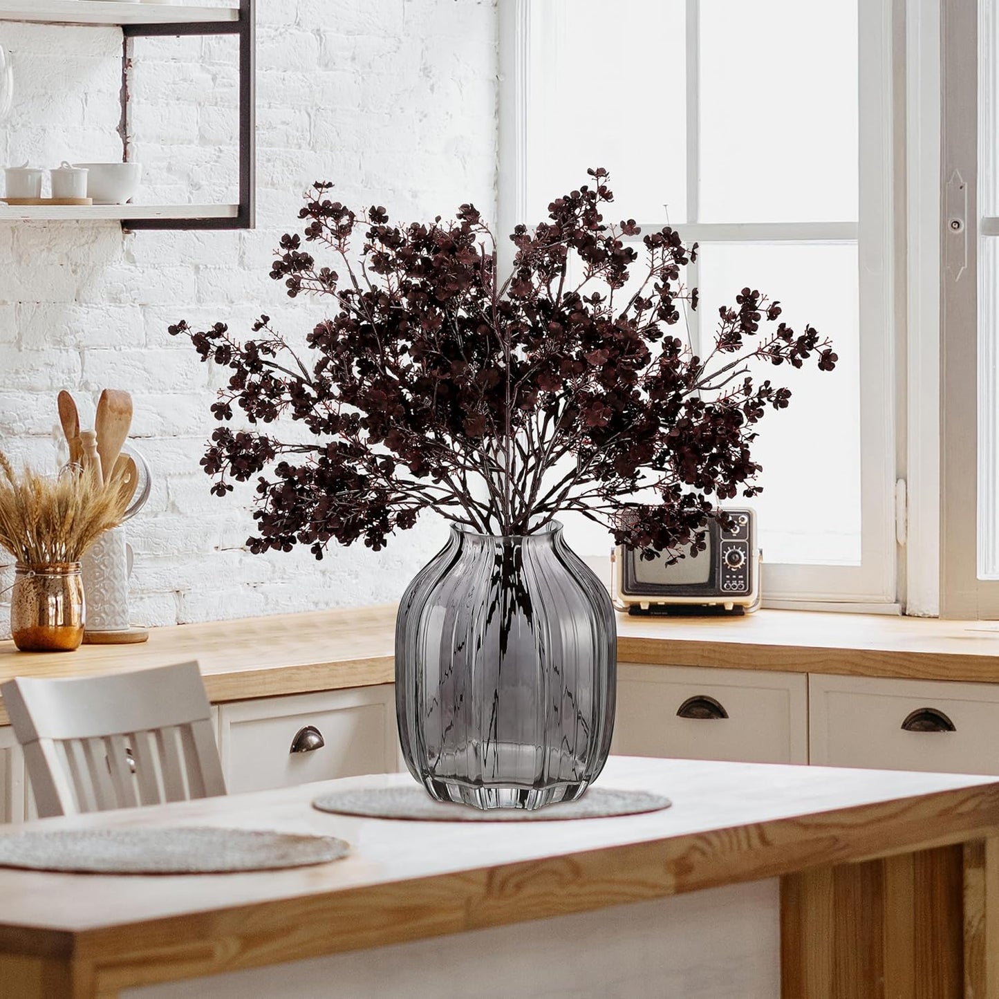 JAKY-Global Silk Babys Breath Artificial Flowers Bulk Blackish Red 6pcs Faux Fall Flowers for Vase Home Kitchen Indoor Bouquet Floral Arrangement Table Centerpieces Farmhouse Decor