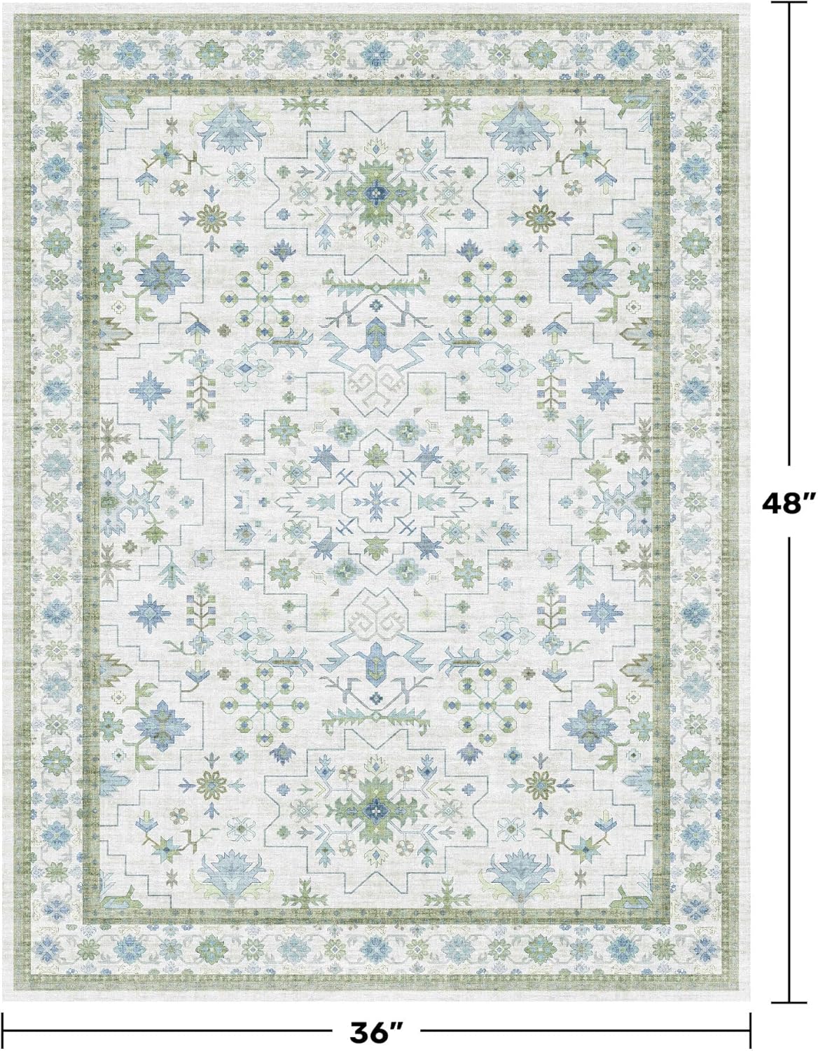 Blue and Green Washable Rugs 3x4 - Vintage Boho Floral Pastel Cream, Washable Low Pile Non Slip Small Throw Accent Area Rug for Bathroom, Door Mat Indoor Entrance, Kitchen, Bedroom Beside Bed Decor