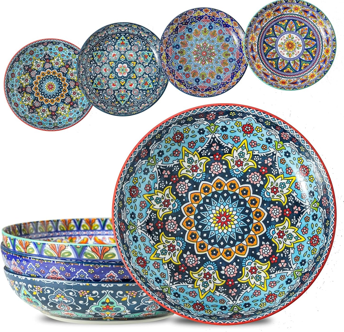 glowworm Pasta Bowls Set of 4, 42 oz Ceramic Salad Bowls for Kitchen, Large Serving Bowls for Ramen, Fruit, Housewarming Gift, Dishwasher & Microwave Safe, Bohemian