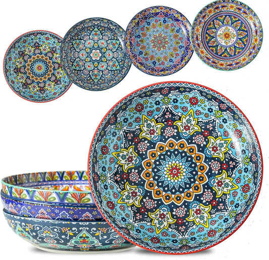 glowworm Pasta Bowls Set of 4, 42 oz Ceramic Salad Bowls for Kitchen, Large Serving Bowls for Ramen, Fruit, Housewarming Gift, Dishwasher & Microwave Safe, Bohemian