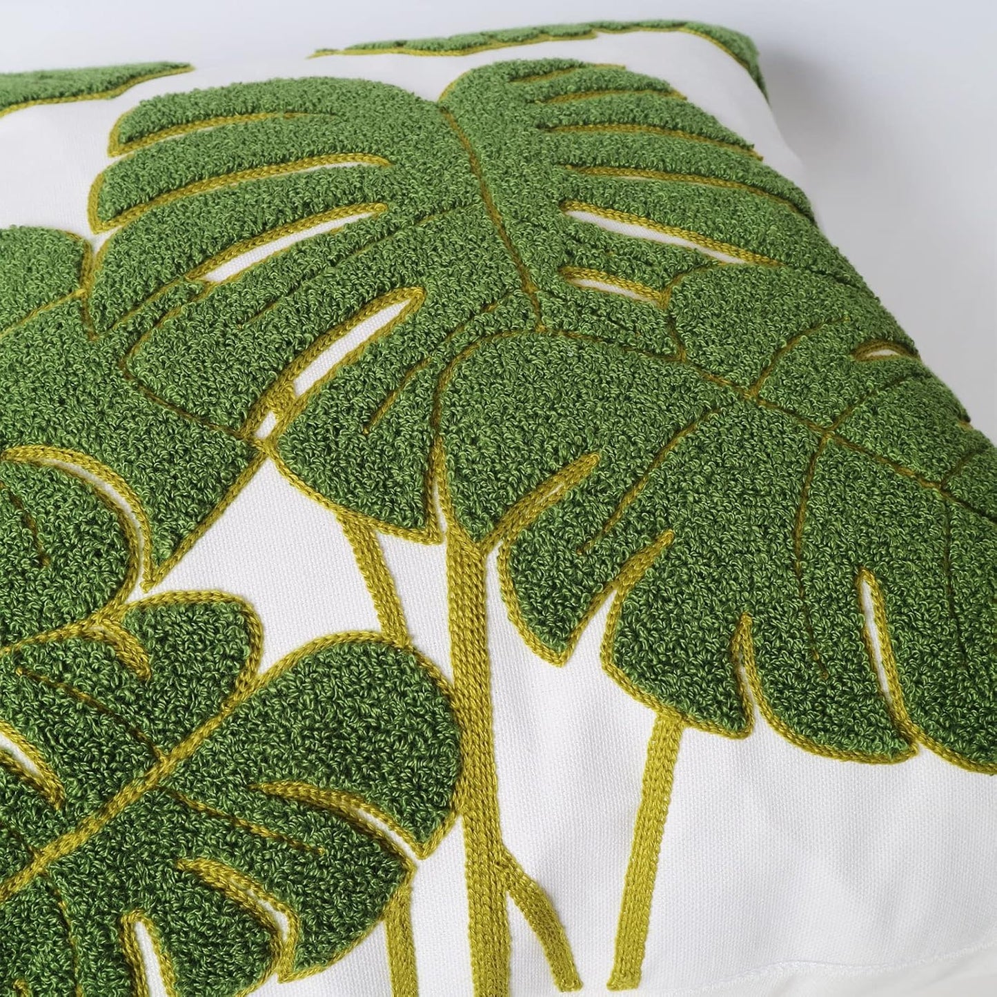 Embroidery Throw Pillow Cover 18x18 Green 7 Tropical Monstera Leaves Loop Plant Floor Pillow Cover for Couch Gift 100% Cotton Decorative Cushion Cover Home Décor Pillow Case 45x45cm, 1 Piece