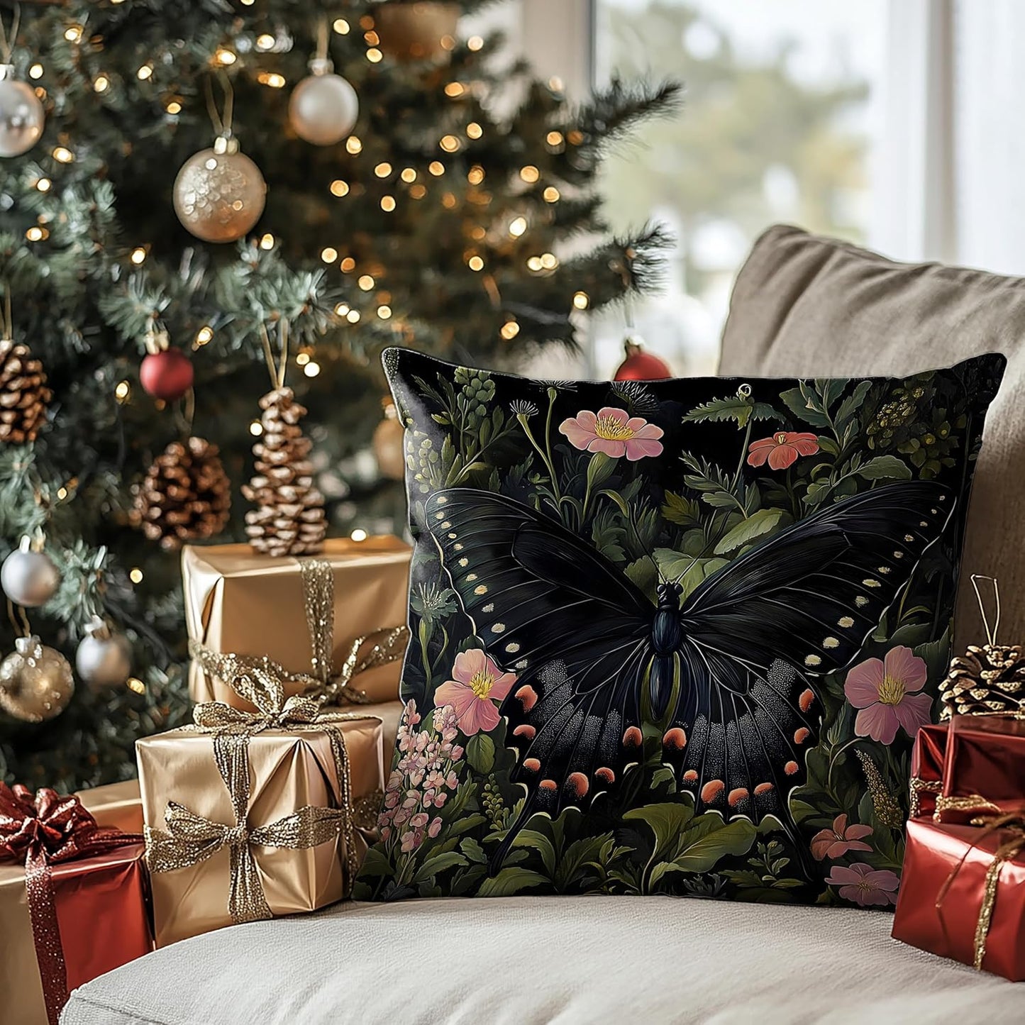 Floral Black Butterfly Pillow Covers 18x18, Dark Cottagecore Wildflower Botanical Moth Decorative Throw Pillow Covers for Bedroom Living Room Home, Butterfly Room Decor