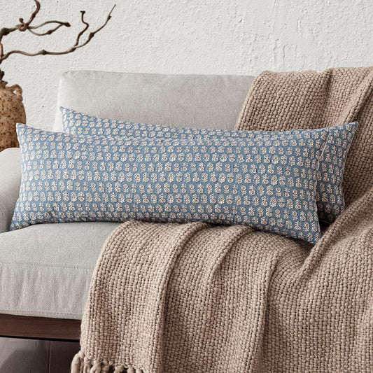Foindtower Set of 2 Decorative Neutral Body Lumbar Throw Pillow Covers Vintage Accent Farmhouse Cushion Covers Floral Home Decor for Sofa Couch Chair Bedroom Living Room,14×36 Inch,Dusty Blue