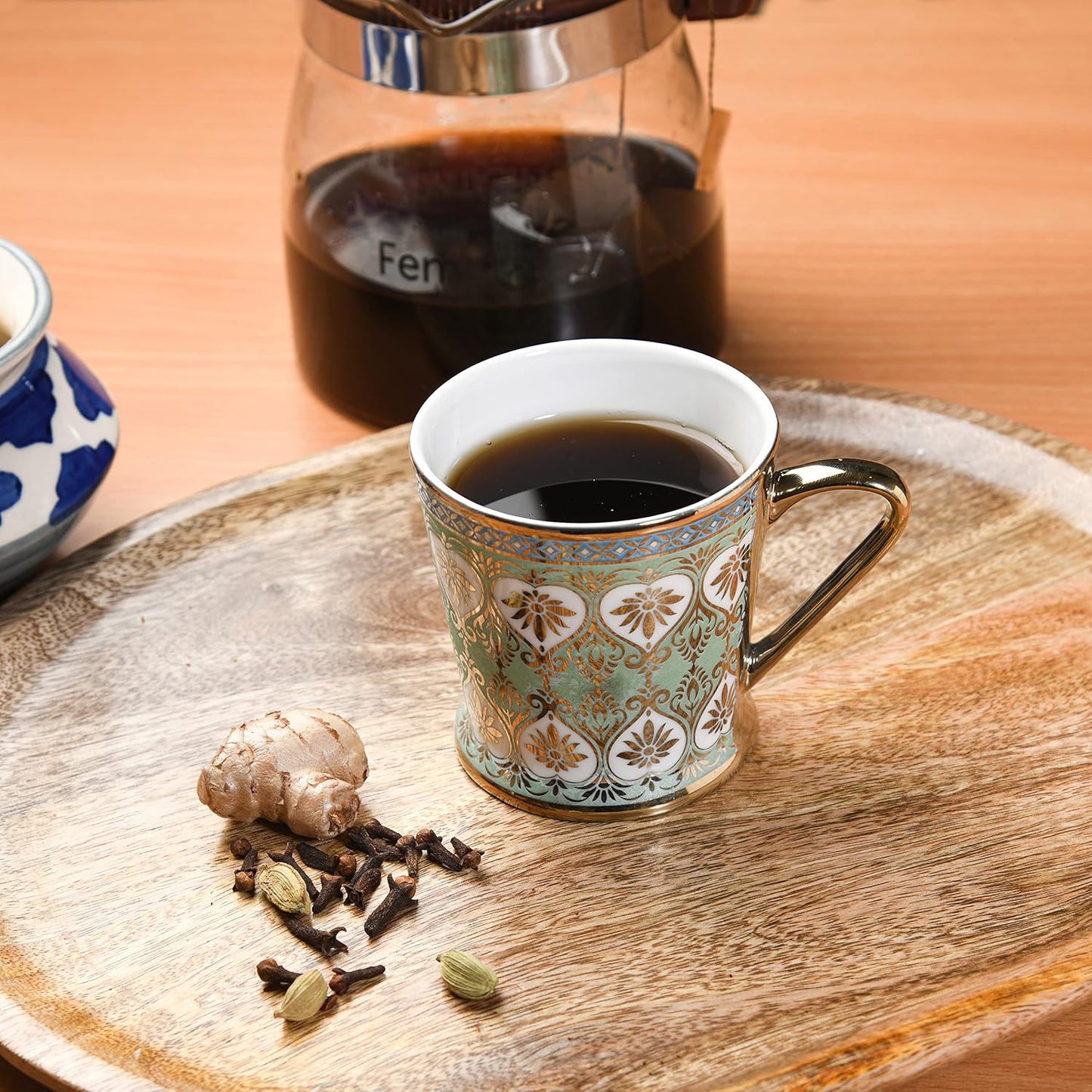 Handcrafted Ceramic Coffee Mugs - Indian Golden Tea Set of 6 (5.5 oz), Cappuccino & Latte Cups, Porcelain Tea Set